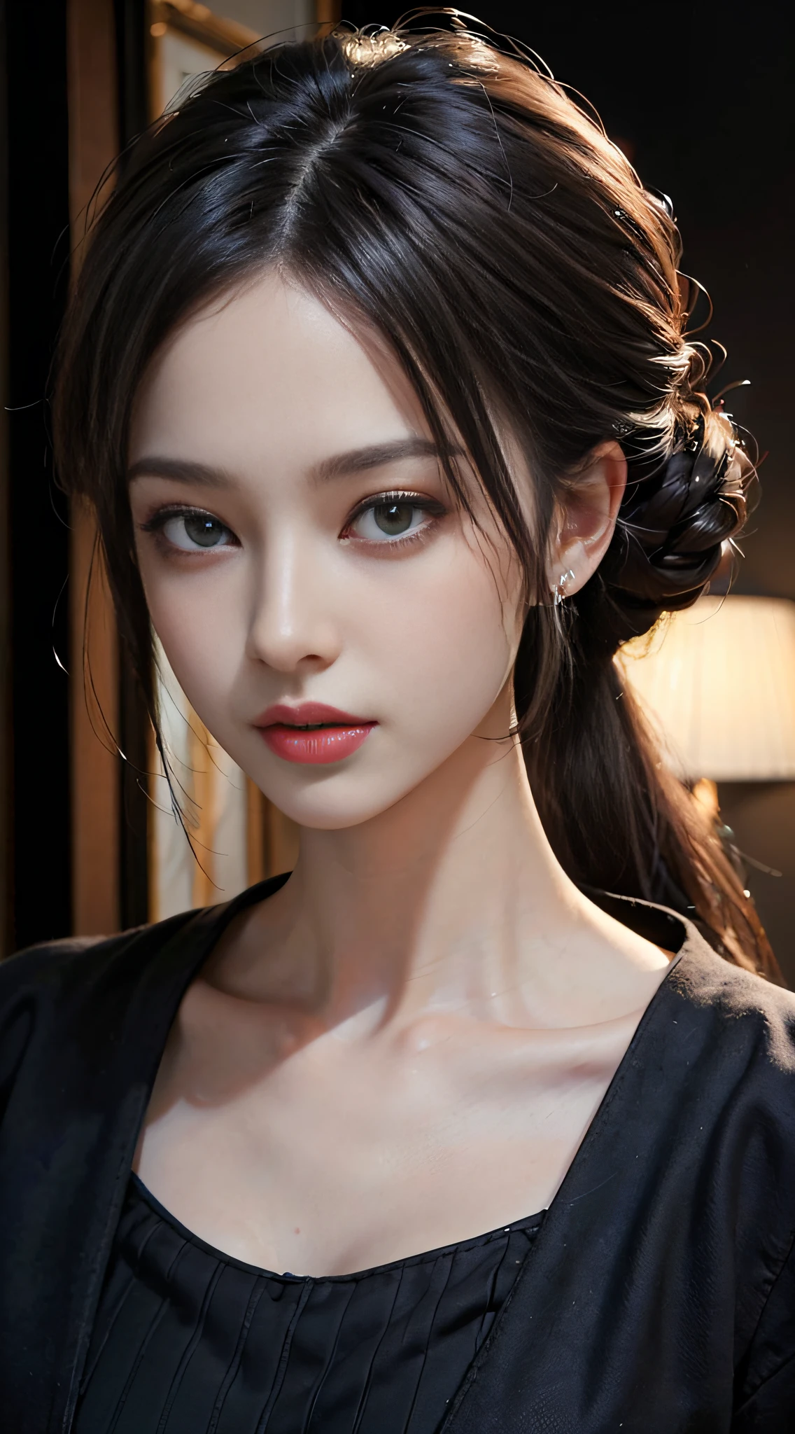 ((masterpiece:1.4)、(top-quality:1.4)、(reallistic:1.7))、masuter piece:1.4、Kawaii Girl、Portrait photo of a girl、Close-up photos、Upper body photography、beautiful countenance、kawaii faces、A detailed eye、Draw the eyes clearly, Beautiful and attractive eyes、beautidful eyes、Narrow waist、poneyTail、Raw photo、red-lips、1 screen display、