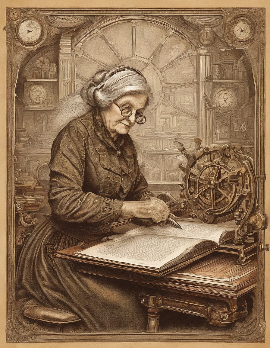 An old grandmother grading homework on her desk