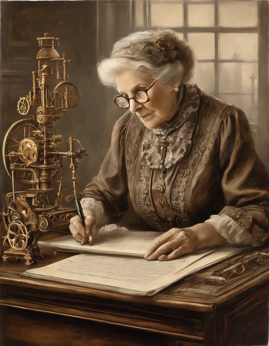 An old grandmother grading homework on her desk
