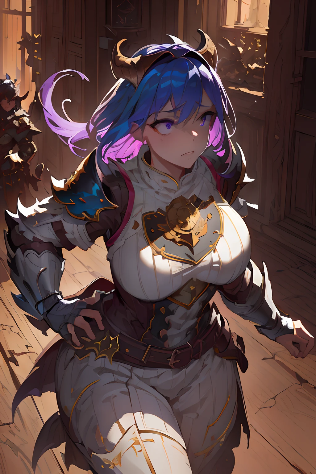 Beautiful woman, medium breasts, lavender hair, violet eyes, Dragon Armor, Dragon helmet, running from a forest fire, oil painting, detailed brush strokes, high contrast, vibrant colors, dramatic lighting, fantasy genre. (best quality, 8k, realistic:1.37), (forest fire), (Dragon Armor:1.1), (Dragon helmet:1.1), (running), (lavender hair), (violet eyes), (medium breasts), (oil painting), (detailed brush strokes), (high contrast), (vibrant colors), (dramatic lighting), (fantasy genre), (Henti genre), (portrait style), (dynamic composition), (intense atmosphere), (heroic pose), (leaping movement), [soft pastels], [subdued tones], [gentle lighting], [dreamy atmosphere], (Golden Dragon Knight).