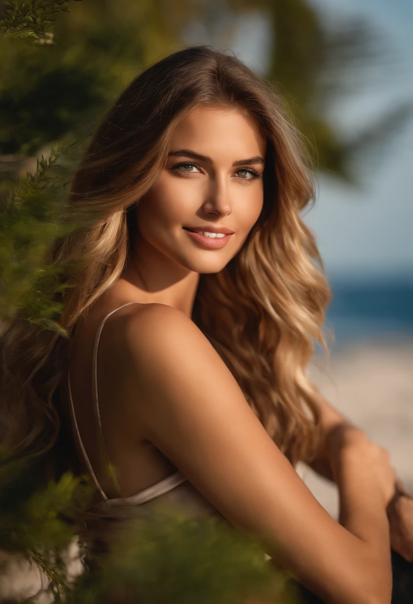 Sanftes Licht im Kino beleuchtet ein atemberaubend detailliertes und ultrarealistisches, beautiful greek supermodel, Strand-Optik, langes, unordentliches, windiges, dunkelblondes Haar, klare blaue Augen, Captivating perfect smile, sinnlich, Hot Wife, splendid, die auf ArtStation im Trend liegt. Octane ist das perfekte Werkzeug, um die weichsten Details dieses Meisterwerks der 16k-Fotografie einzufangen.