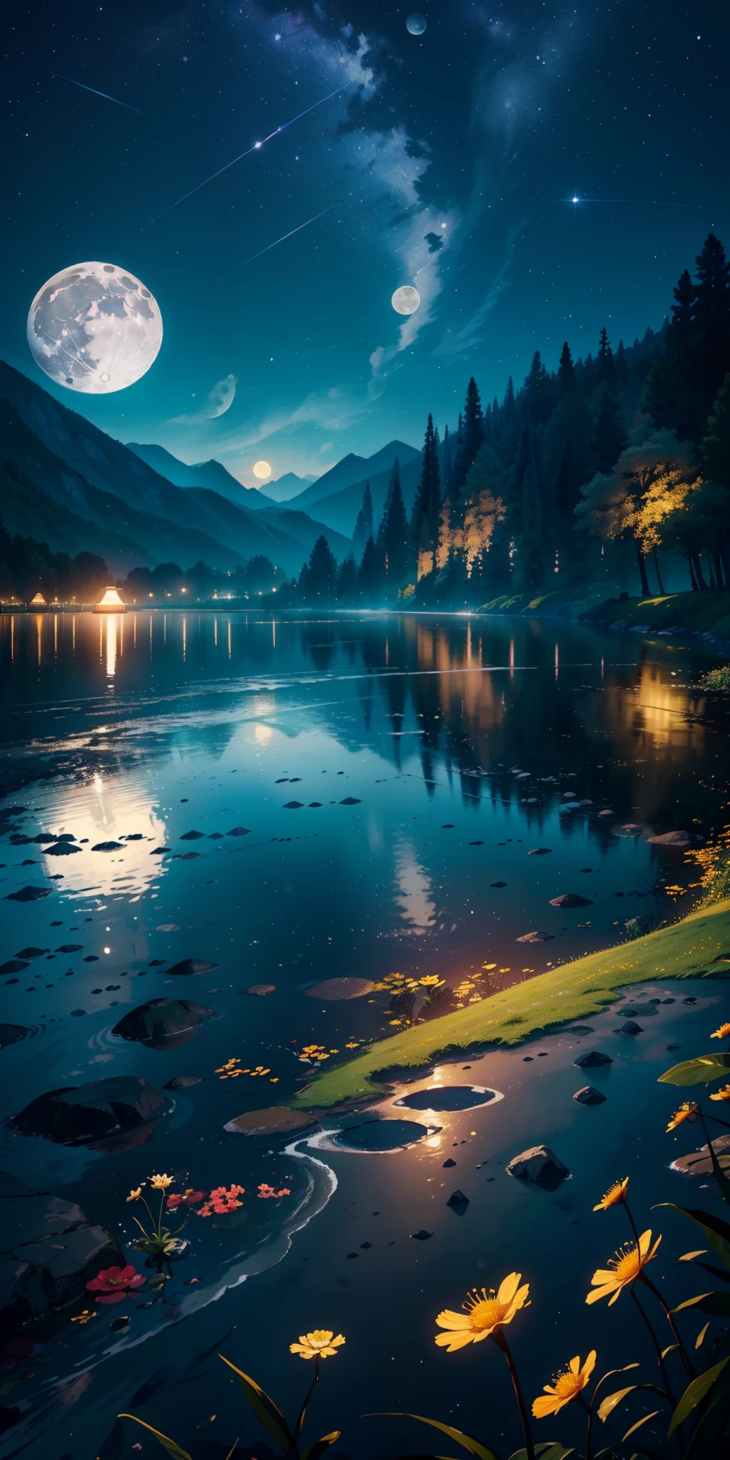master part, gorgeous, Landscape, (((DDIM_HumaDDIMs))), Noite, flor, Jardim, Starry sky, constellations,((Full Moon)) , atordoante, vista, water, quente, aconchegante, peaceful, Meteoro, cosmico, Magic, magia, particuls, Justo, ((Pirilampos))