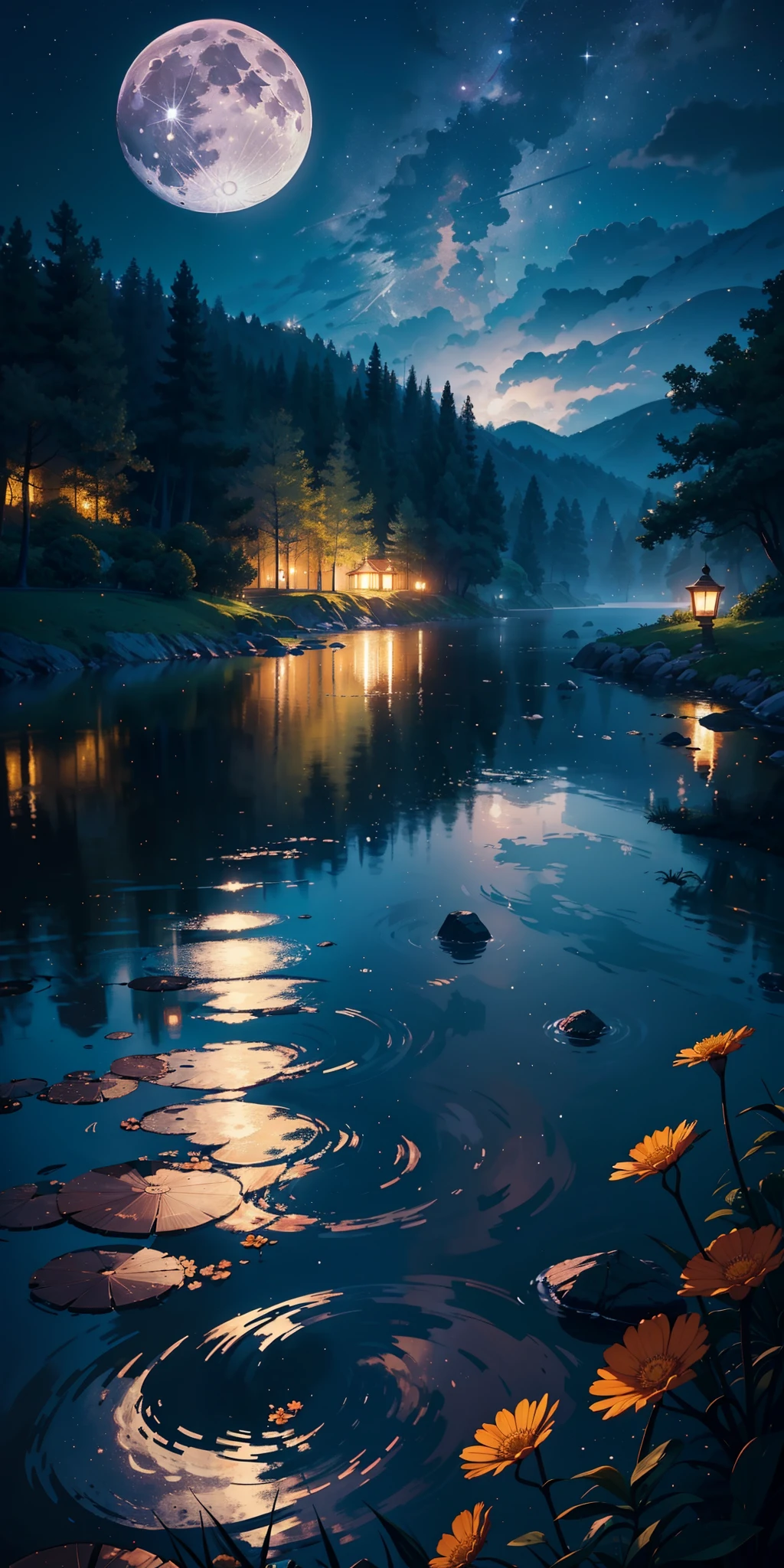 master part, gorgeous, Landscape, (((DDIM_HumaDDIMs))), Noite, flor, Jardim, Starry sky, constellations,((Full Moon)) , atordoante, vista, water, quente, aconchegante, peaceful, Meteoro, cosmico, Magic, magia, particuls, Justo, ((Pirilampos))