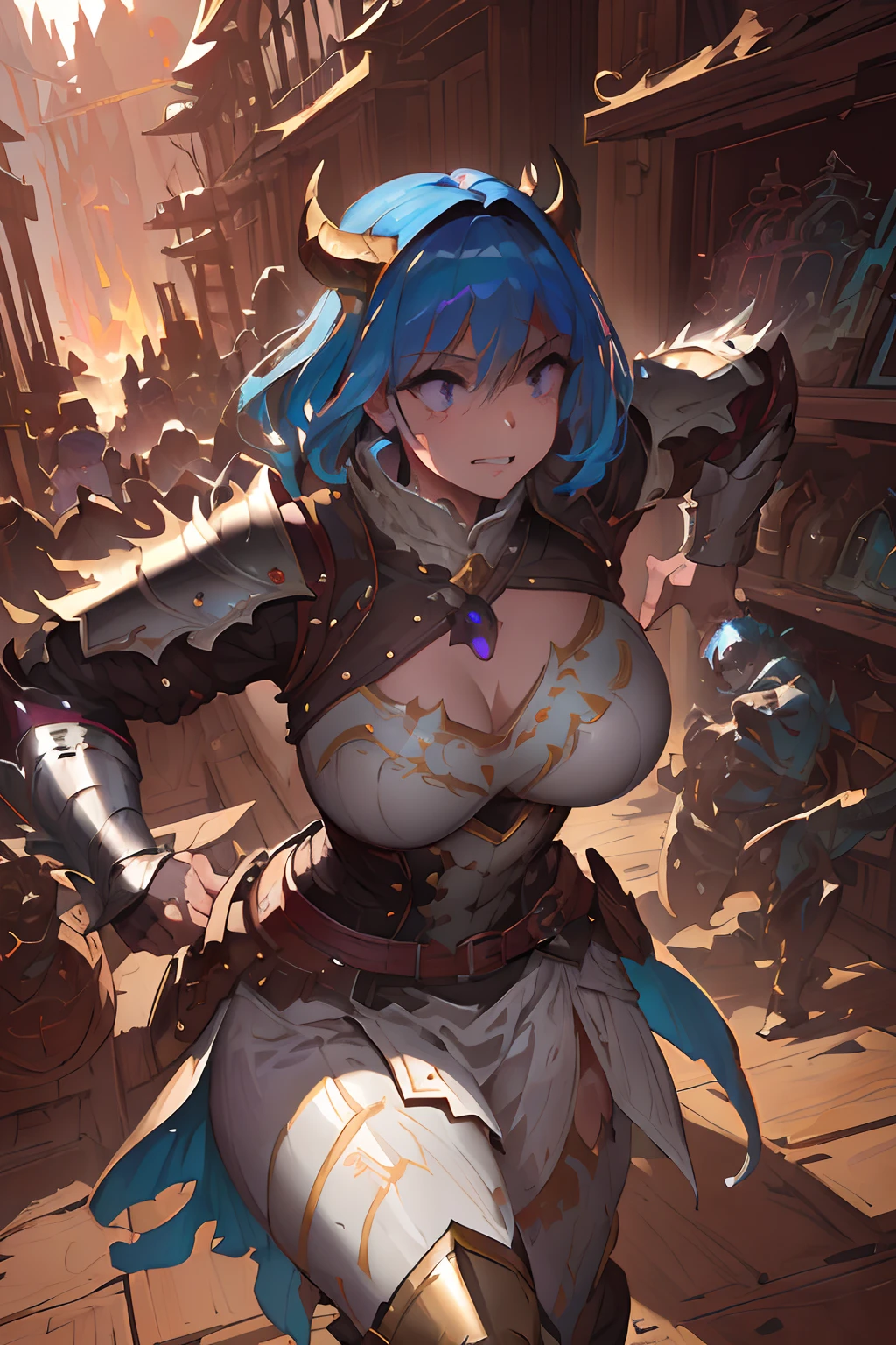 Beautiful woman, medium breasts, lavender hair, violet eyes, Dragon Armor, Dragon helmet, running from a forest fire, oil painting, detailed brush strokes, high contrast, vibrant colors, dramatic lighting, fantasy genre. (best quality, 8k, realistic:1.37), (forest fire), (Dragon Armor:1.1), (Dragon helmet:1.1), (running), (lavender hair), (violet eyes), (medium breasts), (oil painting), (detailed brush strokes), (high contrast), (vibrant colors), (dramatic lighting), (fantasy genre), (Henti genre), (portrait style), (dynamic composition), (intense atmosphere), (heroic pose), (leaping movement), [soft pastels], [subdued tones], [gentle lighting], [dreamy atmosphere], (Golden Dragon Knight).