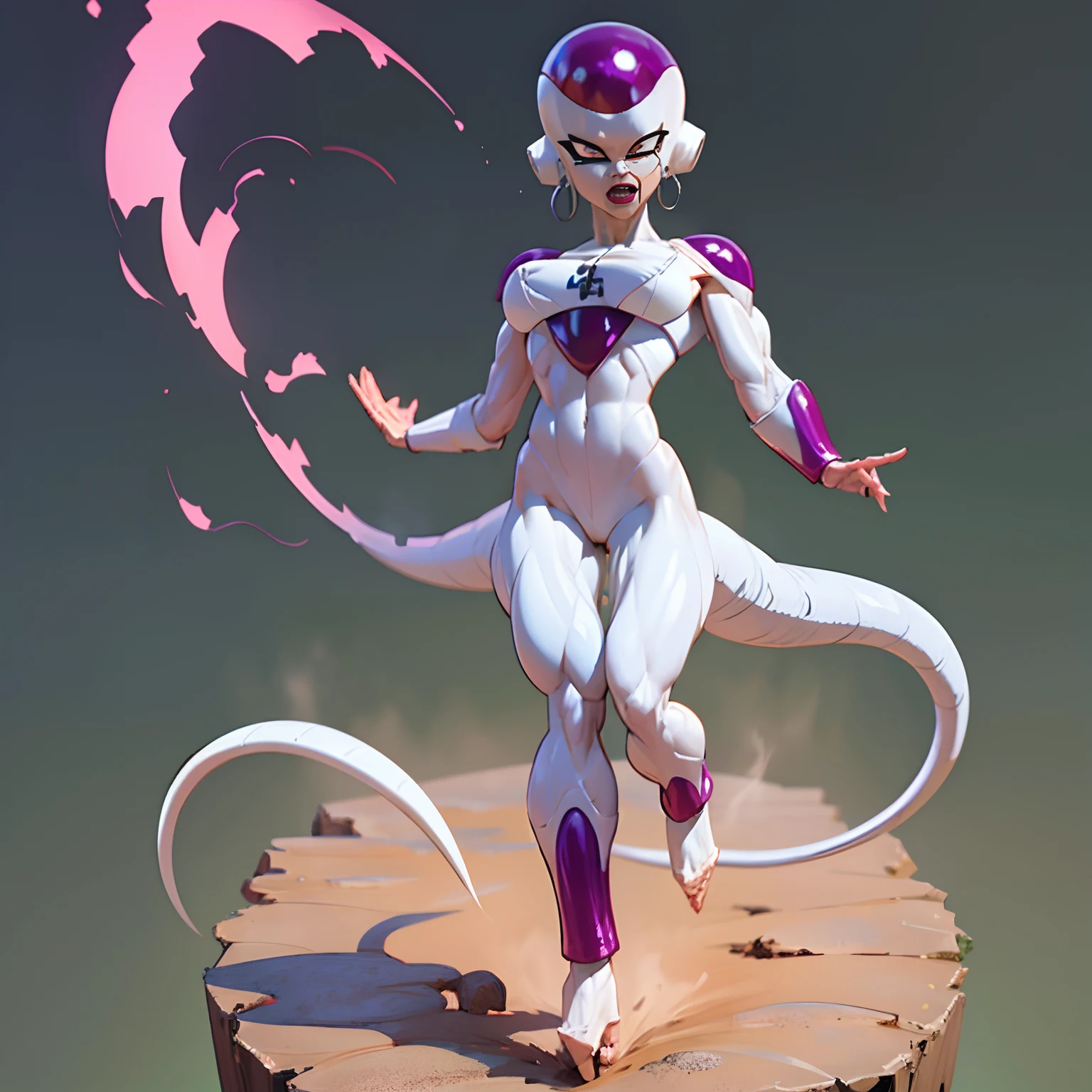 ((Frieza)), (((Female version))), Transformed into final form、woman body, dragonball z, Huge breats、battleing、Fighting、action、Beautiful expression、huge legs、Looking down、tail、red eyes、Bruised body、Perfect body、Toned body、full body Esbian、fıt body、abdominalusculature,