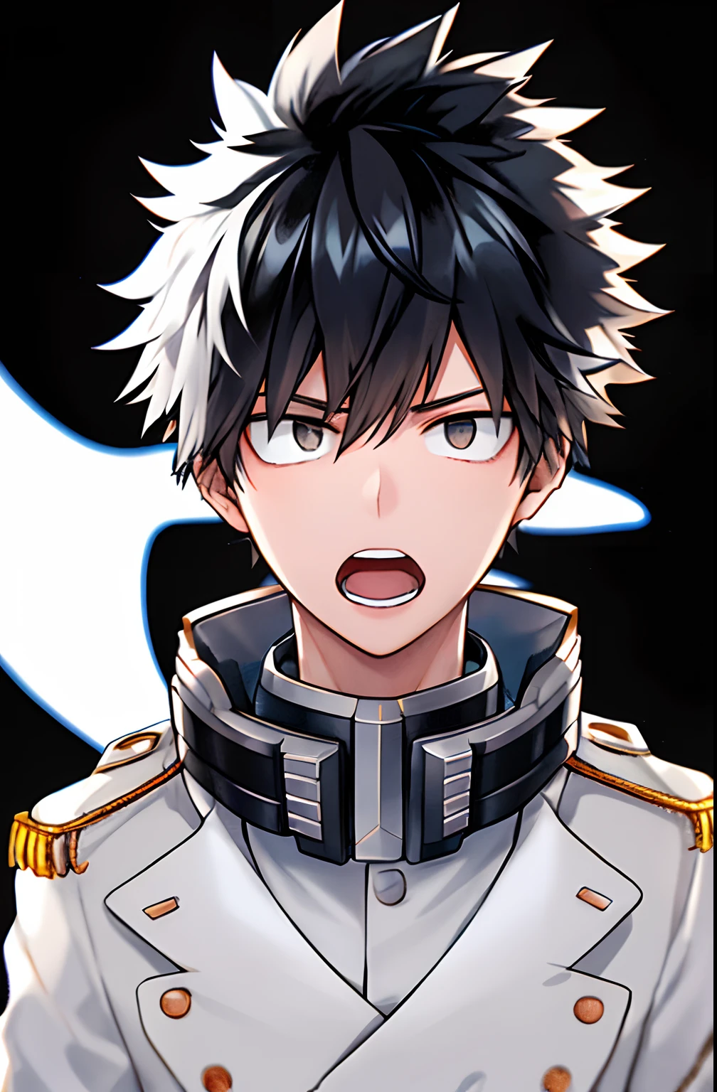 horikoshi kouhei, 1boy, white coat, black hair, blurry, blurred background, boku no hero academia, high resolution, stare, male focus, open mouth, black eyes, short hair, quiff hair, coat, twitter username, thoughtful