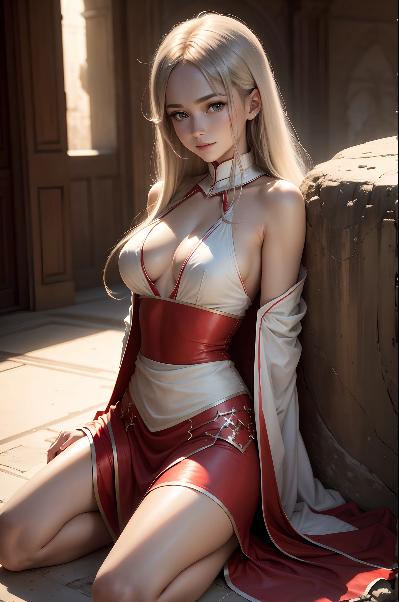 8K,Photorealsitic Raw photography top-quality;1.4) (1 Mature Saint) Super beauty(Lifelike face) Wear a red and white sacred robe Luxurious red and white dresses Slender body and slender lower body Silver cane with golden decoration Long brown hair and blue eyes A smile clergyman Beautiful expression 超A high resolution A hyper-realistic real looking skin wasteland