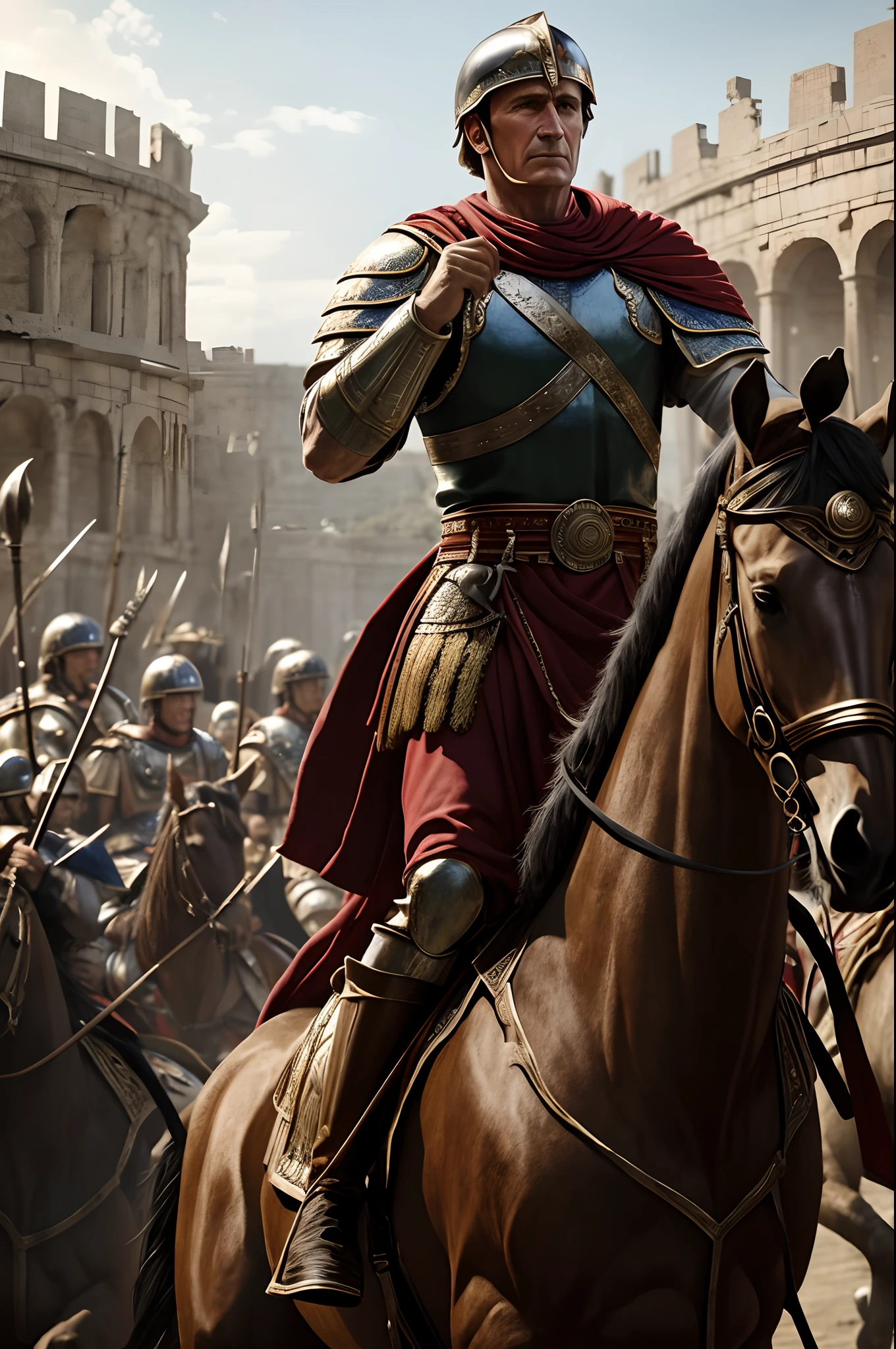 An Epic image of Julius Caesar on horse as he triumphantly leads his legions through the gates of Rome, we see people cheer in the background, image is taken from upper view, we sea buildings and enormous crowd of people.