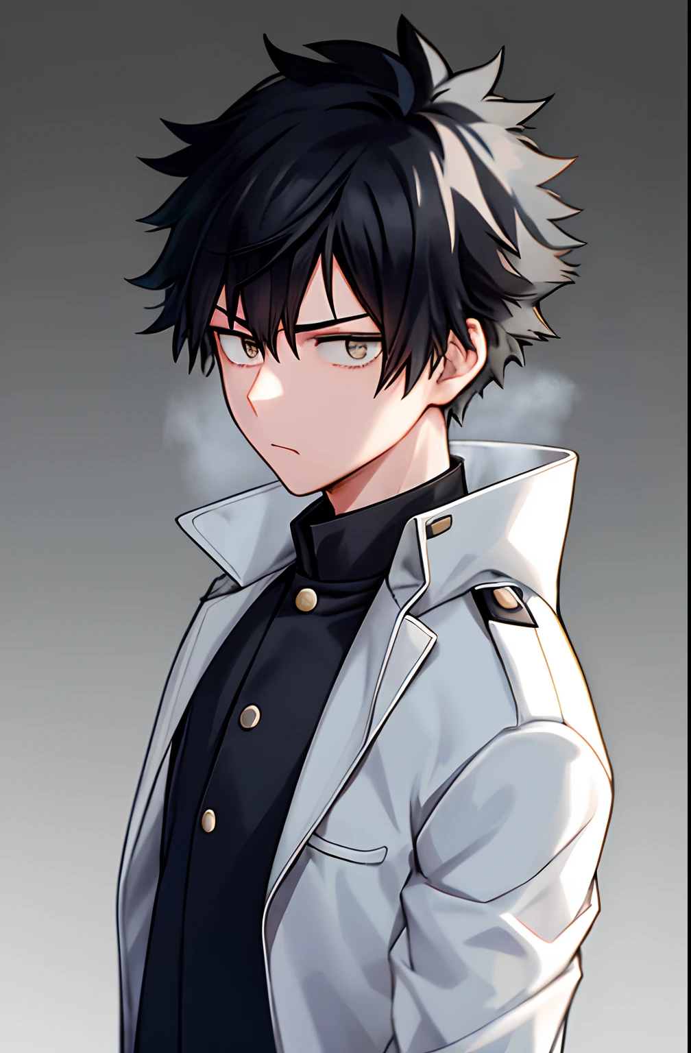 horikoshi kouhei, 1boy, white coat, black hair, blurry, blurred background, boku no hero academia, high resolution, stare, male focus, closed mouth, black eyes, short hair, quiff hair, coat, twitter username, thoughtful