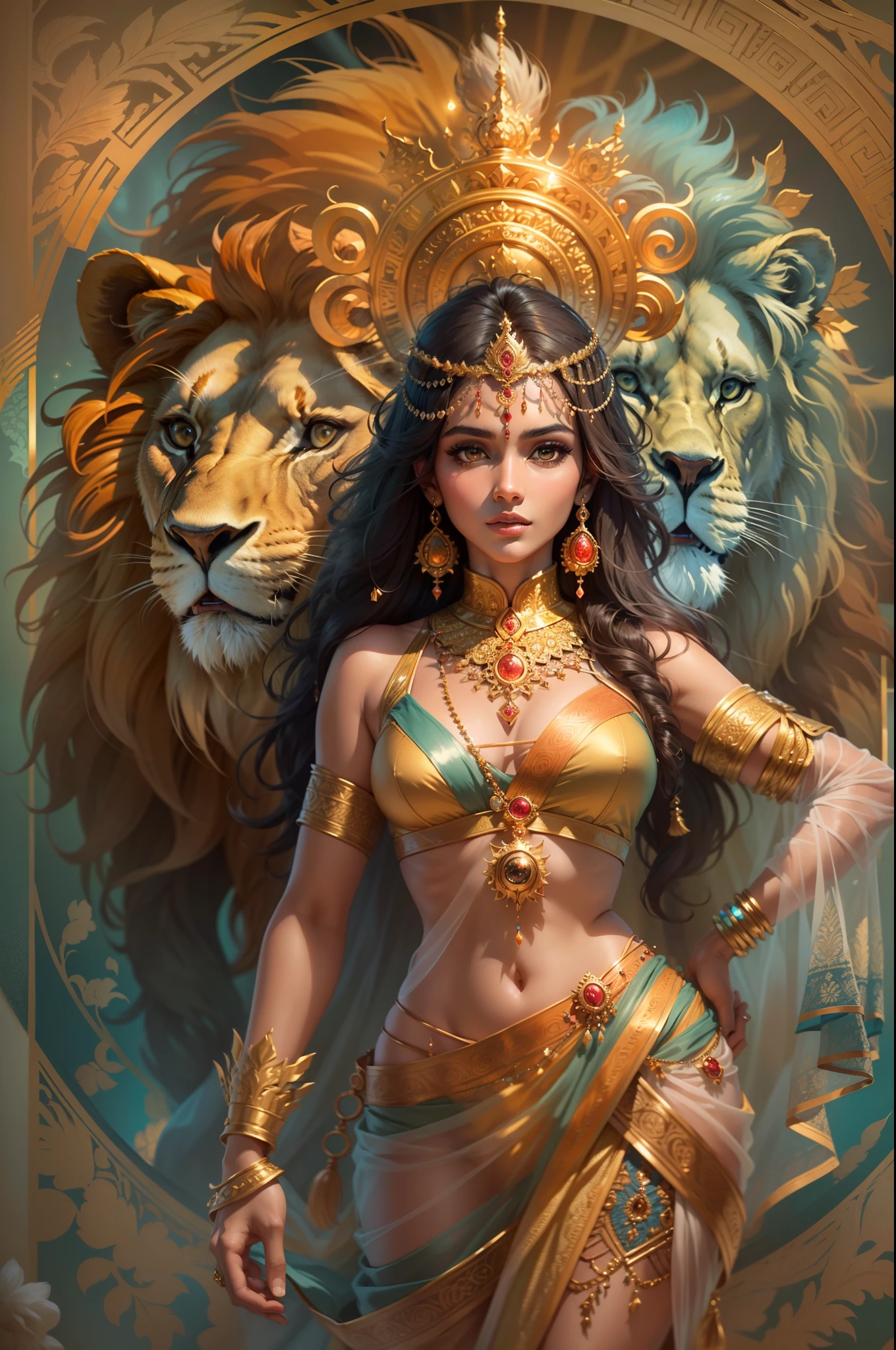 (Highly detailed), (illustration), (Intricate), (Beautiful face), (Attractive body), (Full body picture), Modern Indian goddess, (Transparent clothes), Dynamic pose, Crown of God, (The lion stands nearby), Colorful, Eye-catching, Heavenly.