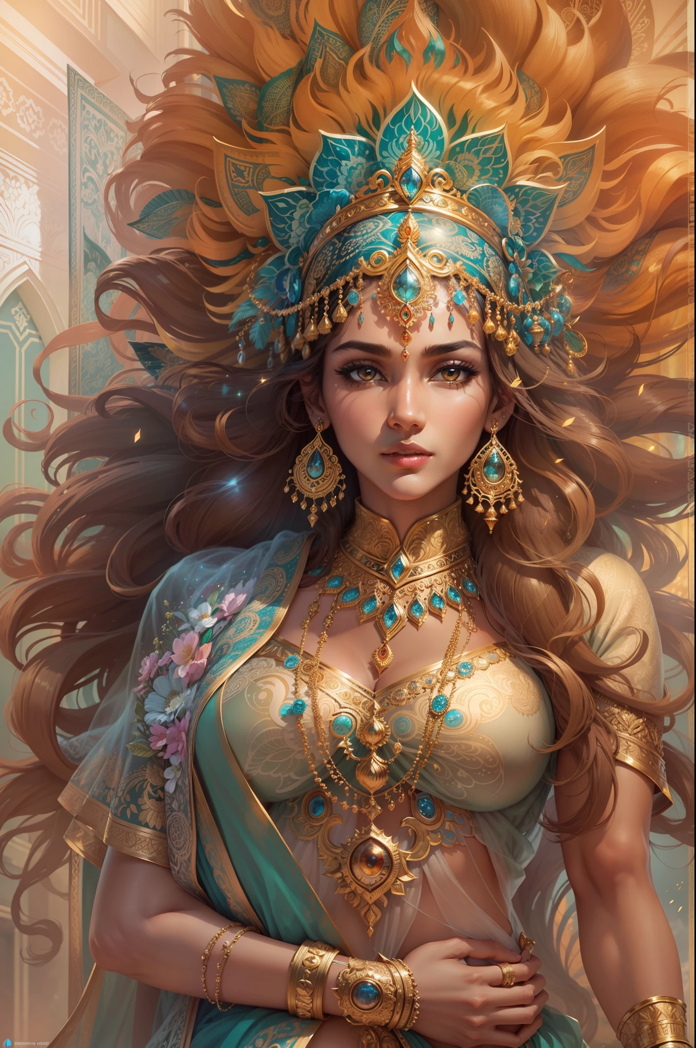 (Highly detailed), (illustration), (Intricate), (Beautiful face), (Attractive body), (Full body picture), Modern Indian goddess, (Transparent clothes), Dynamic pose, Crown of God, (The lion stands nearby), Colorful, Eye-catching, Heavenly.