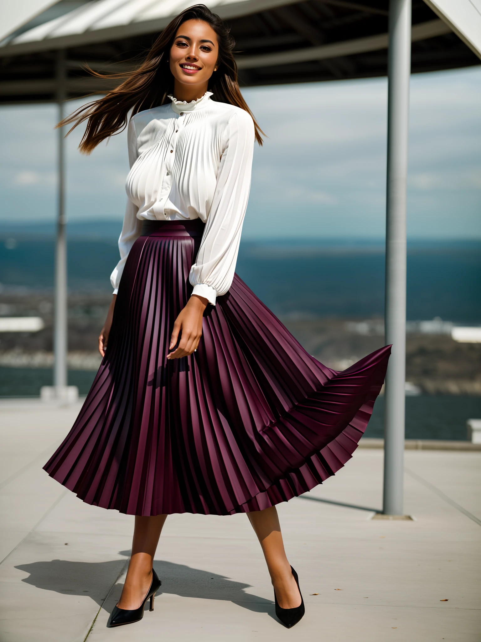 very (seductive:1,9) smiling attractive lesbian woman wearing short blazer and very very detailed (long (fully pleated) full circle skirt) and (simple) low heeled office shoes, very very intricate hyper-detailed symmetric (attractive graceful young feminine face) with (sad, tired eyes and a shy smile), large breasts, full of empathy and compassion and love, (pronounced (feminine) features), (highly detailed ultra accurate realistic) hands and fingers, (windy conditions and wind blowing), epic composition, highly detailed attributes, highly detailed atmosphere, (35mm f1.4 Kodak portra 400 photograph), extremely high quality RAW photograph,