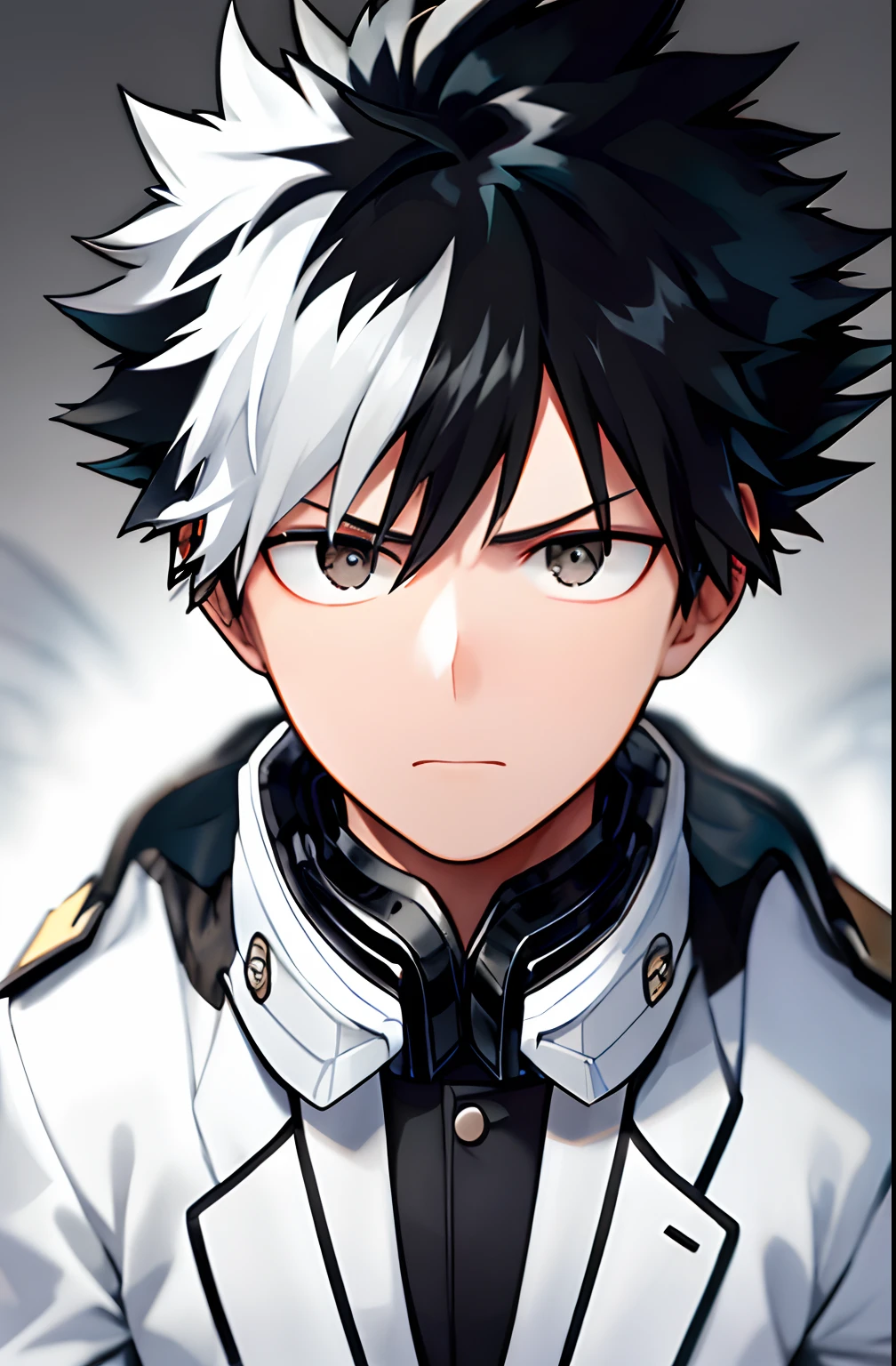 horikoshi kouhei, 1boy, white coat, black hair, blurry, blurred background, boku no hero academia, high resolution, stare, male focus, closed mouth, black eyes, short hair, quiff hair, coat, twitter username, thoughtful