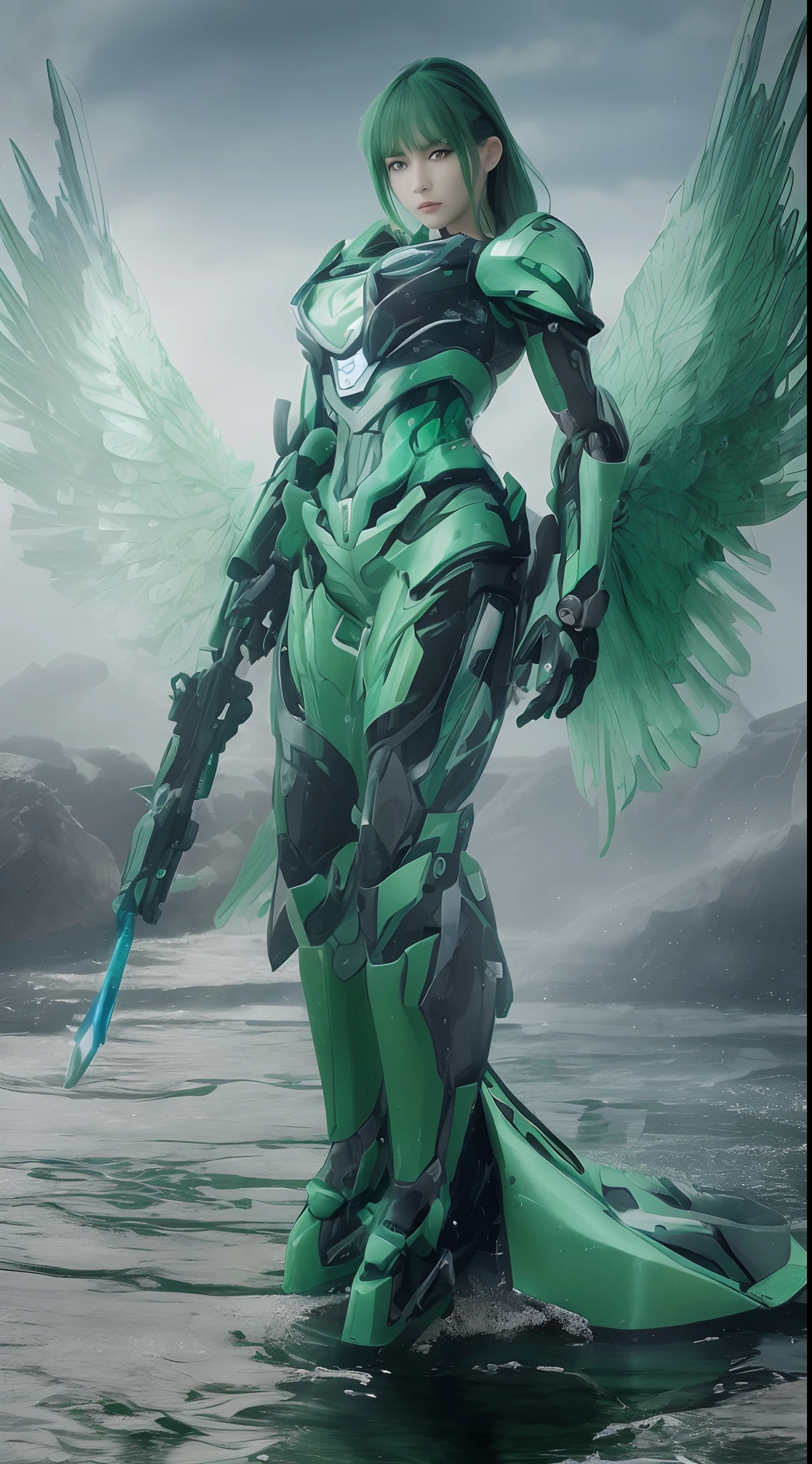 (A complex green-haired woman with radiant mecha joints and wings, serene and solemn, standing in the water), high-res, ultra-detailed, realistic, vibrant colors, bokeh, studio lighting.