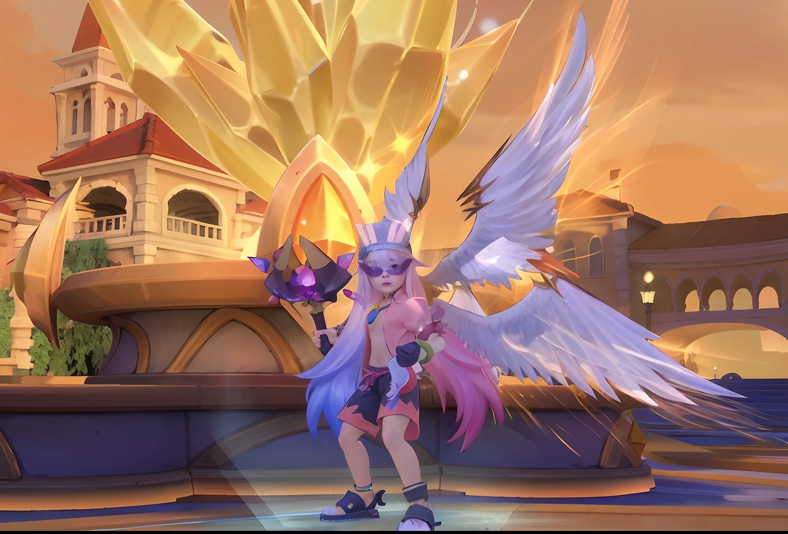 long haired boy, angel wings, magic staff, pink summer outfit
