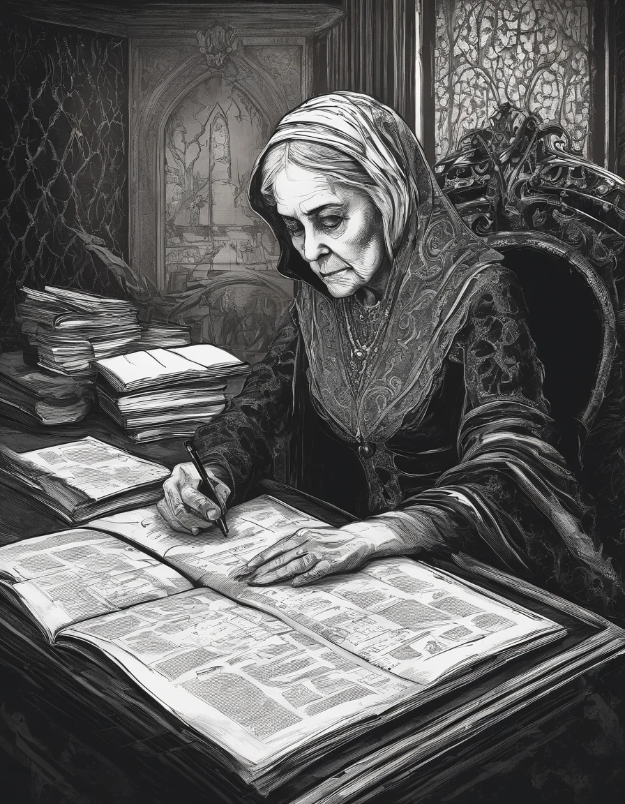 An old grandmother grading homework on her desk