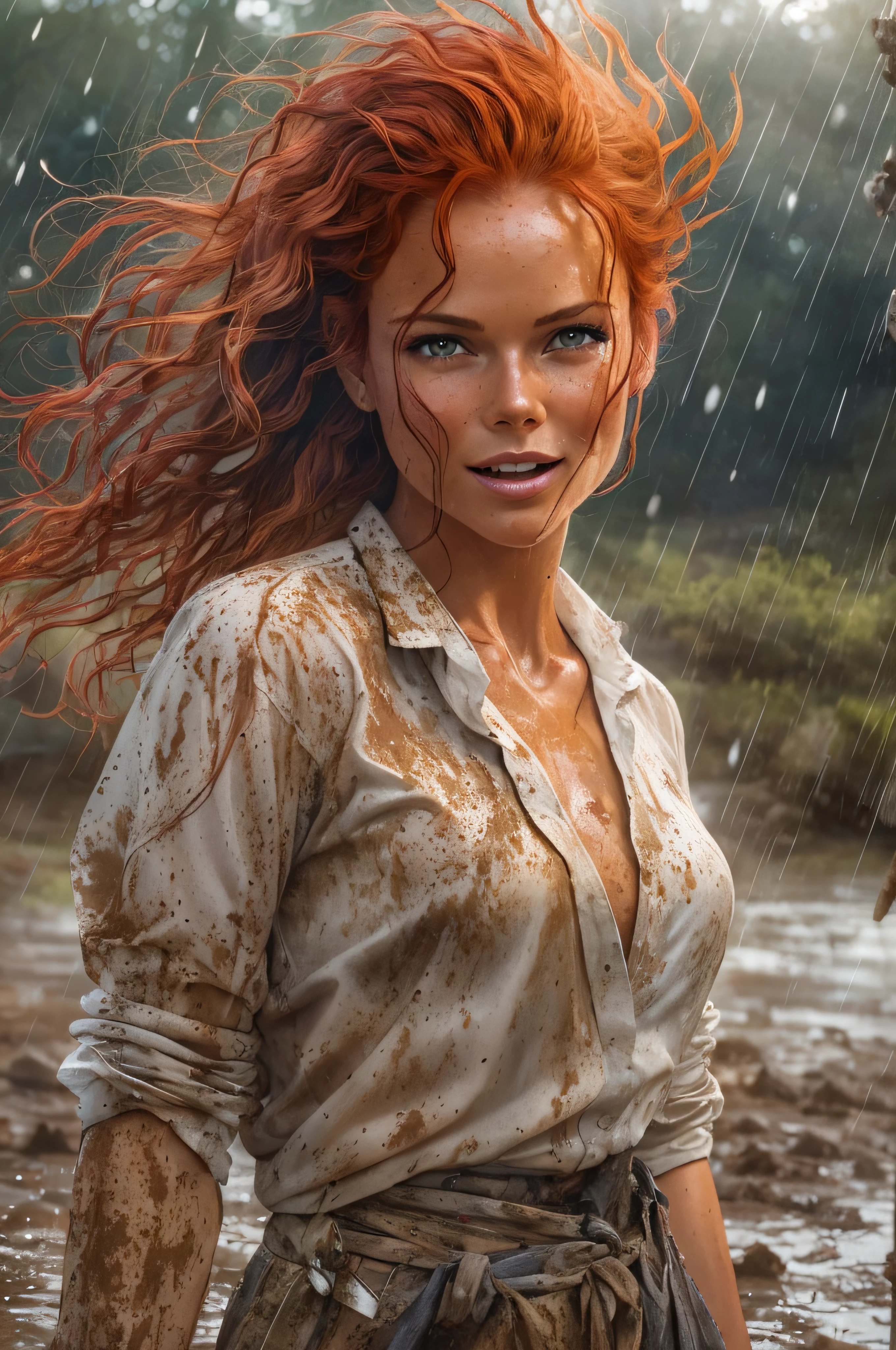 A very violent current plagues the staff. Bright lightning beams flash through the sky everywhere. There is also a violent wind, and the water is everywhere at and height of one meter. An illustration that encapsulates the beauty of a red-redd-haired, brown skinned, DINA MEYER, dressed with a slip full of mud spots and long white wide open shirt full of mud spots, having fun in the mud within a tranquil rural setting on a misty morning. Mud everywhere, Despite being covered in mud, dressed with a short and long white shirt full of mud. She possesses happy and alluring eyes and a well-proportioned body. She enjoys the rain and smiles cheerfully, natural beauty, forest, feminine, rain, river bank, sultry beauty,Size:512 × 640