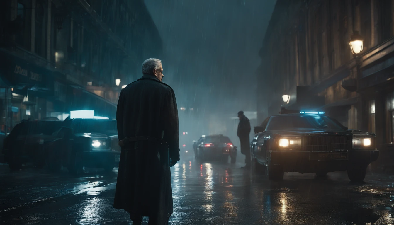 masterpiece, high detail, trending on artstation, realistic, detailed face, overall, a photo of a cyberpunk private detective, old man, dark hair, dirty, drone, Blade Runner city, neo lights, dark, rain, night, RAW, canon r6, wide shot, sharp, blurry background, rule of thirds, dramatic lights, dark shadows