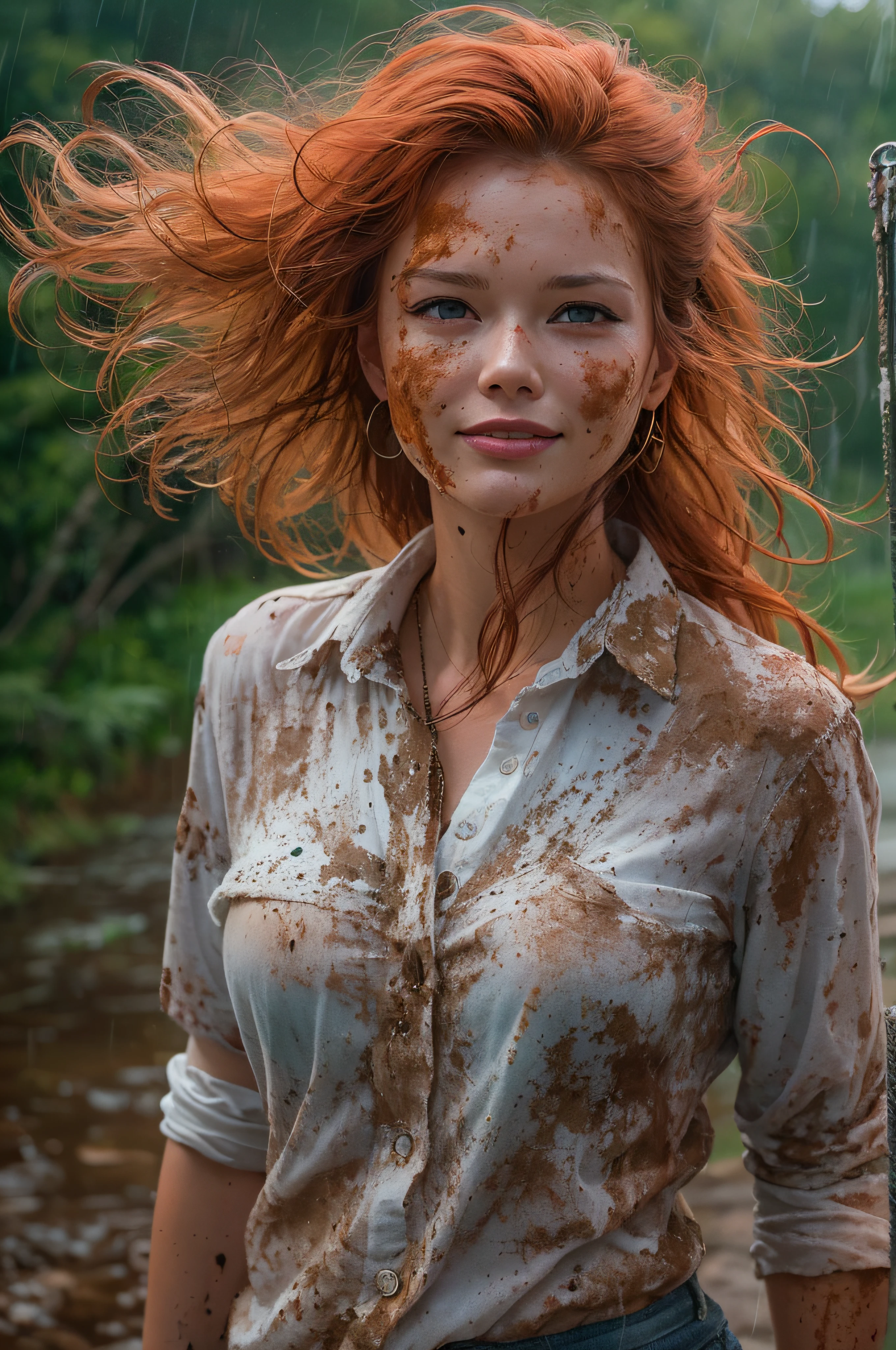 A very violent current plagues the staff. Bright lightning beams flash through the sky everywhere. There is also a violent wind, and the water is everywhere at and height of one meter. An illustration that encapsulates the beauty of a red-redd-haired, brown-skinned, DINA MEYER, dressed with a slip full of mud spots and long white wide open very torn shirt full of mud spots, having fun in the mud within a tranquil rural setting on a misty morning. Mud everywhere, Despite being covered in mud, dressed with a short and long white shirt full of mud. She possesses happy and alluring eyes and a well-proportioned body. She enjoys the rain and smiles cheerfully, natural beauty, forest, feminine, rain, river bank, sultry beauty.
