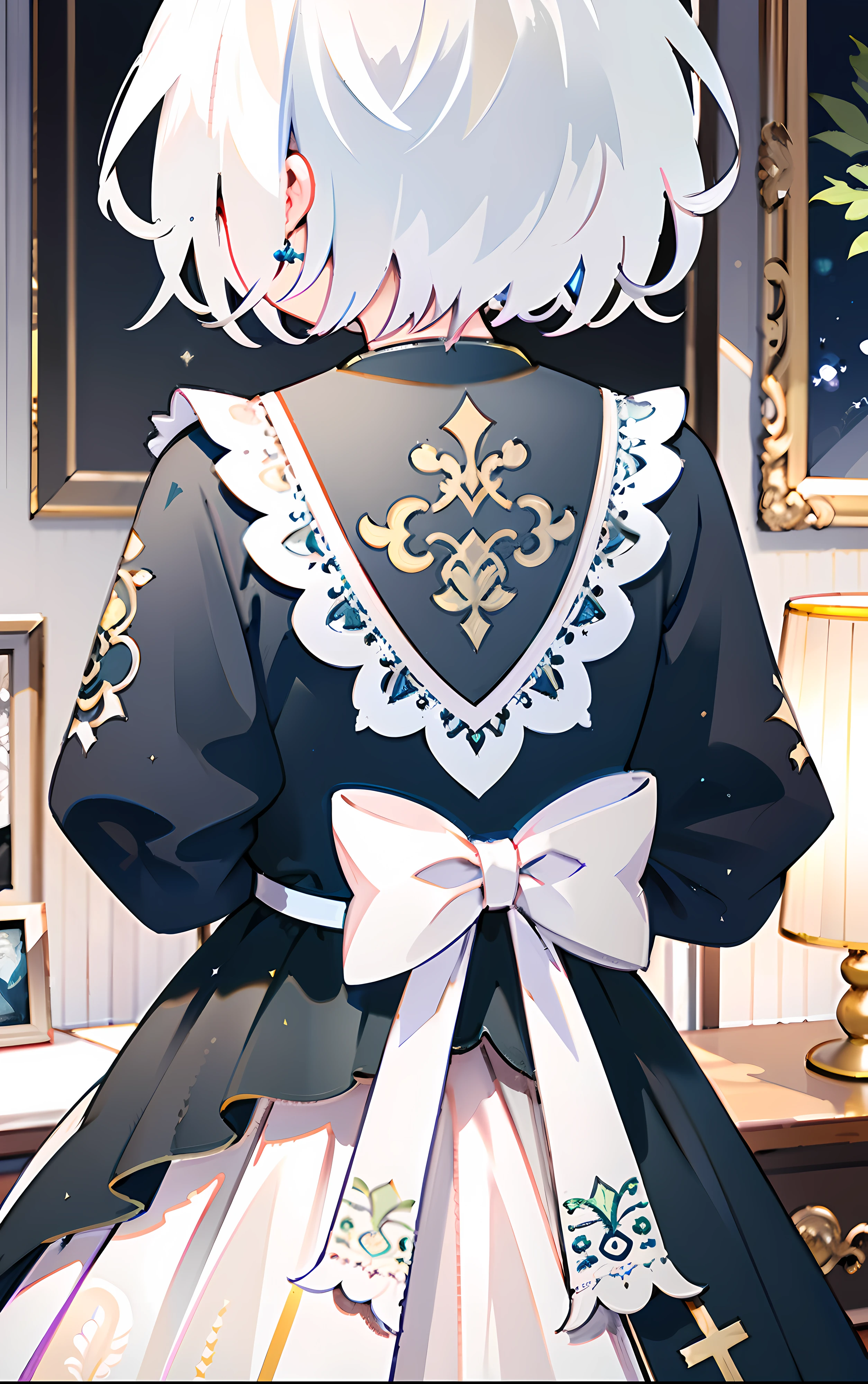 (masterpiece:1.2), best quality, highres, original, (extremely detailed:1.2), ultra-detailed, wallpaper, perfect lighting,(extremely detailed CG:1.2), 8k, 1girl, solo, white hair, (Lolita Fashion:1.23), shiny fabric, from behind, back-angle, close-up, game cg, anime style