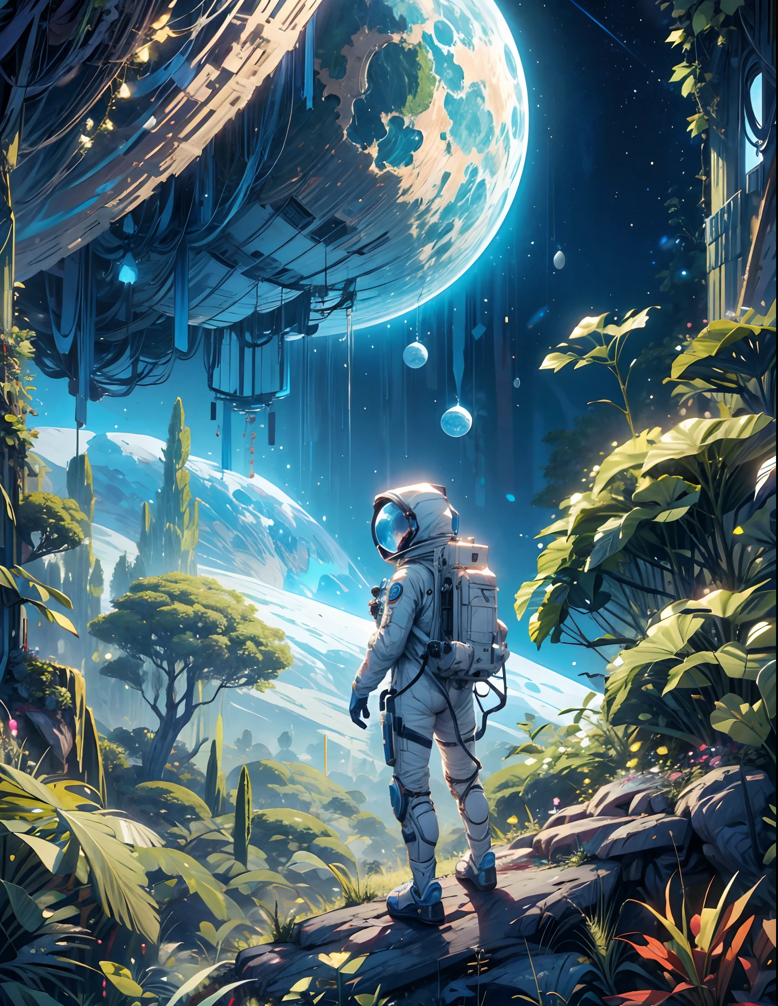 masterpiece, high quality, delicate, detailed body, detailed intricately, illustration, an astronaut wandering unknown planet, concept art, 4k, fantasy , alien planet , overgrown world , beautiful world planet --niji 5