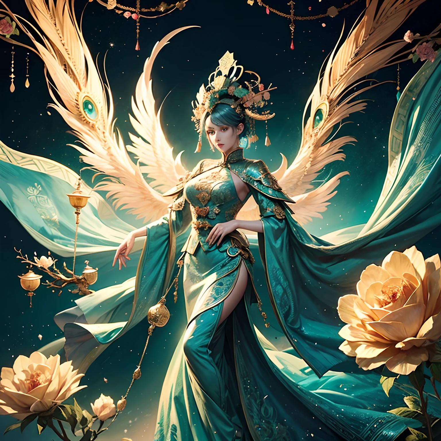 A woman in a blue and green Chinese dress, peacock crown,anatomy correct, (Exquisite helmet),Delicate pattern,Oriental elements,Ink painting style, Clean colors,Pink rose space, Soft lighting, ( Bokeh),Masterpiece, Super detailed, Epic composition, Highest quality, 16k,