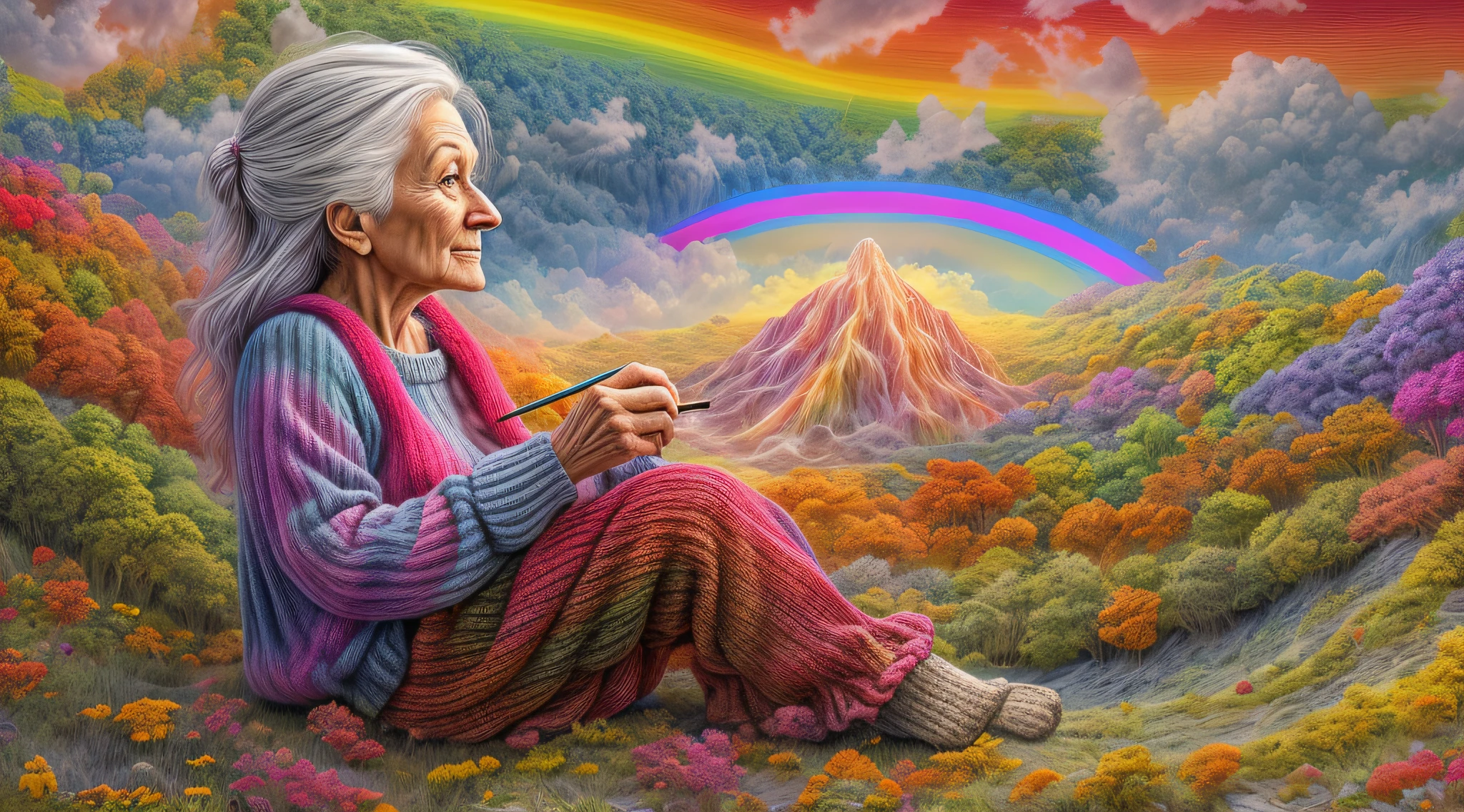 high details, best quality, 16k, [ultra detailed], masterpiece, best quality, dynamic angle, ultra wide shot, RAW, photorealistic, fantasy art, realistic art, a picture of a old woman sitting in heaven knitting the rainbow, an old human woman, dynamic hair, dynamic clothes, sitting on a cloud knitting the rainbow, full colored, (perfect spectrum: 1.3),( vibrant work: 1.4)  vibrant shades of red, orange, yellow, green, blue, indigo, violet of knitting, perfect colors, the rainbow falls into the sky from the old woman who knits, 16k, ultra detailed, masterpiece, best quality, ultra detailed, full body, ultra wide shot, photorealistic,