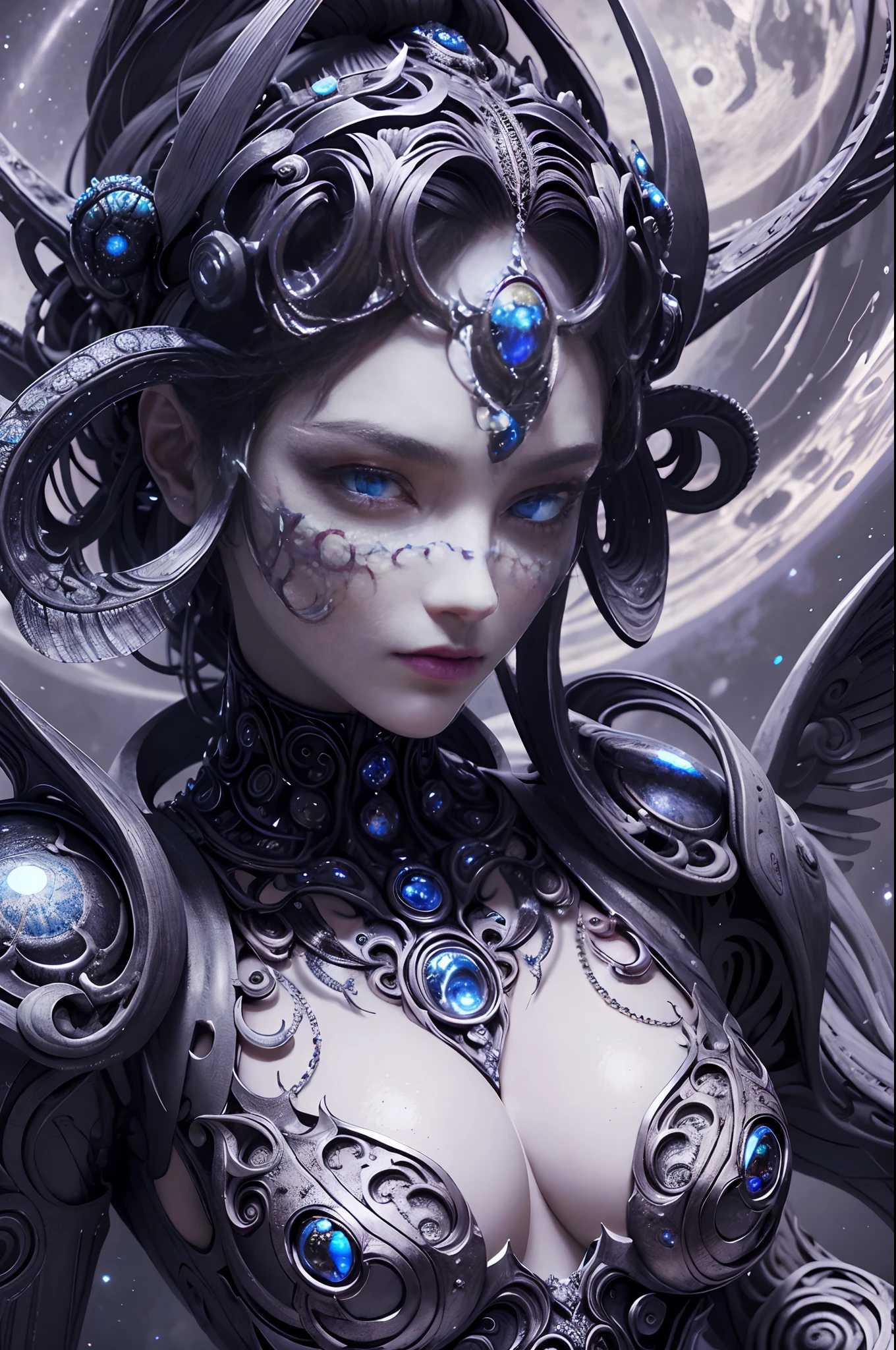 \ (best qualtiy,ultra - detailed,Most Best Illustration,Best shadow,tmasterpiece,A high resolution,professionalartwork,famousartwork),Detailed eyes,beautidful eyes,closeup cleavage,sci-fy,colored sclera,Robot eyes,face markings,Tattooed with,(fractalized,Fractal eyes),largeeyes,Wide eyes,(Eye focus),sface focus,Cosmic eyes,Space eyes,Close-up of metal sculpture of a woman with a moon in her hair,goddes。extremly high detail,3 d goddess portrait,Extremely detailed footage of the goddess,a stunning portrait of a goddess,goddess portrait,portrait of a beautiful goddess,goddess close-up portrait,hecate goddess,portrait of a norse moon goddess,goddess of space and time