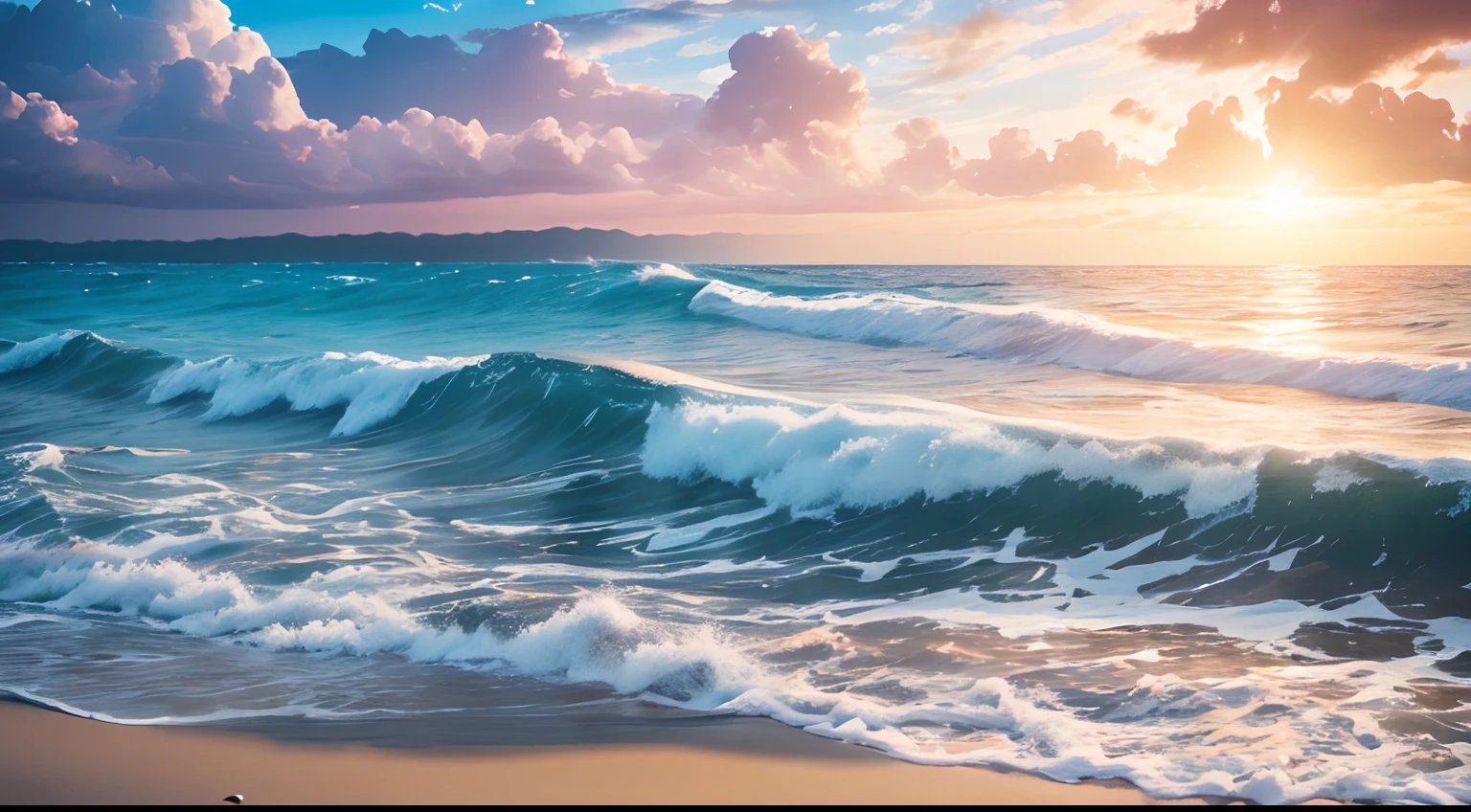 A beautiful wavy sea shore, beautiful sunny lights
