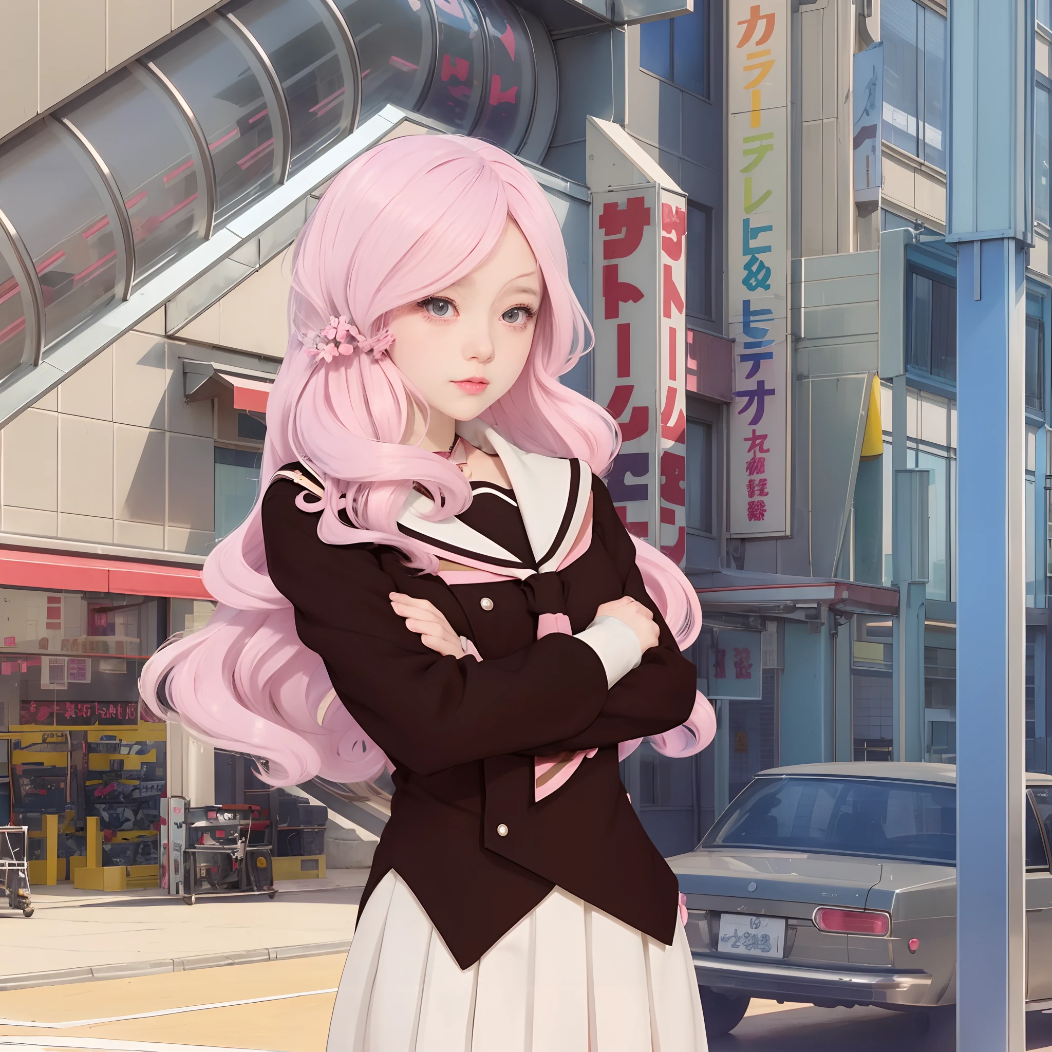 Anime girl in school uniform standing in front of a building, beautiful anime high school girl, anime styled digital art, haruno sakura, retro anime girl, anime style cityscape, digital anime illustration, anime girl of the future, smooth anime cg art, Long Hair Anime Girl, anime girl named lucy, my dress up darling anime, young anime girl, an anime girl