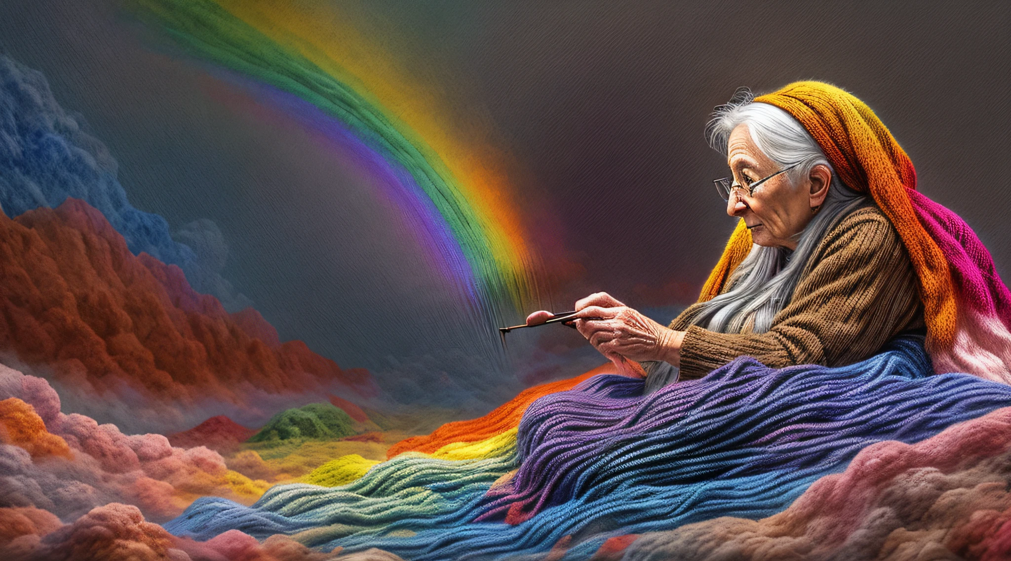 high details, best quality, 16k, [ultra detailed], masterpiece, best quality, dynamic angle, ultra wide shot, RAW, photorealistic, fantasy art, realistic art, a picture of a old woman sitting in heaven knitting the rainbow, an old human woman, dynamic hair, dynamic clothes, sitting on a cloud knitting the rainbow, full colored, (perfect spectrum: 1.3),( vibrant work: 1.4)  vibrant shades of red, orange, yellow, green, blue, indigo, violet of knitting, perfect colors, the rainbow falls into the sky from the old woman who knits, 16k, ultra detailed, masterpiece, best quality, ultra detailed, full body, ultra wide shot, photorealistic,