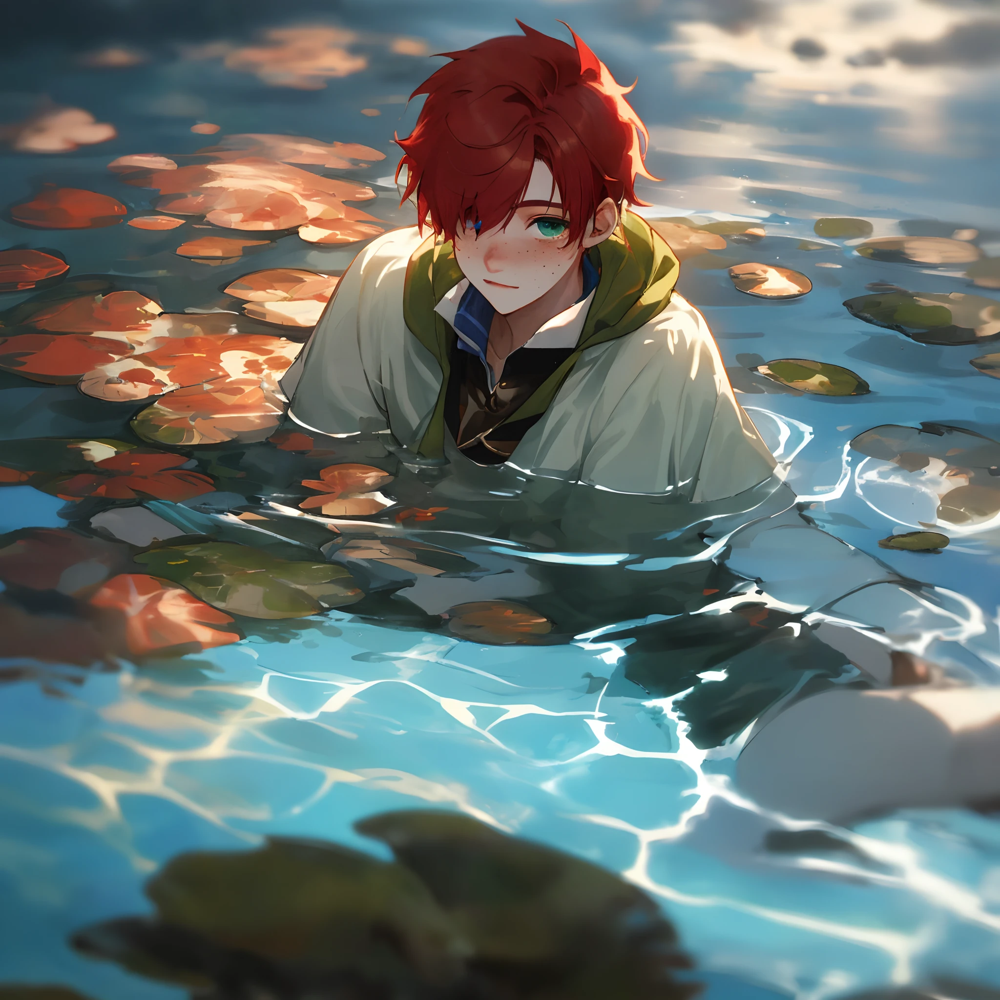 Young guy, red hair of medium length, one eye is blue and the other is green, water magic, freckles