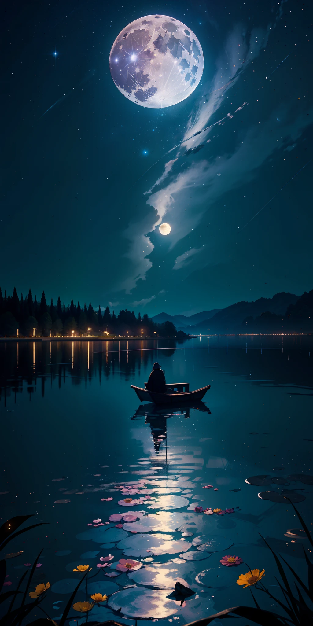 master part, gorgeous, Landscape, (((DDIM_HumaDDIMs))), Noite, flor, Jardim, Starry sky, constellations,((Full Moon)) , atordoante, vista, water, quente, aconchegante, peaceful, Meteoro, cosmico, Magic, magia, particuls, Justo, ((Pirilampos))