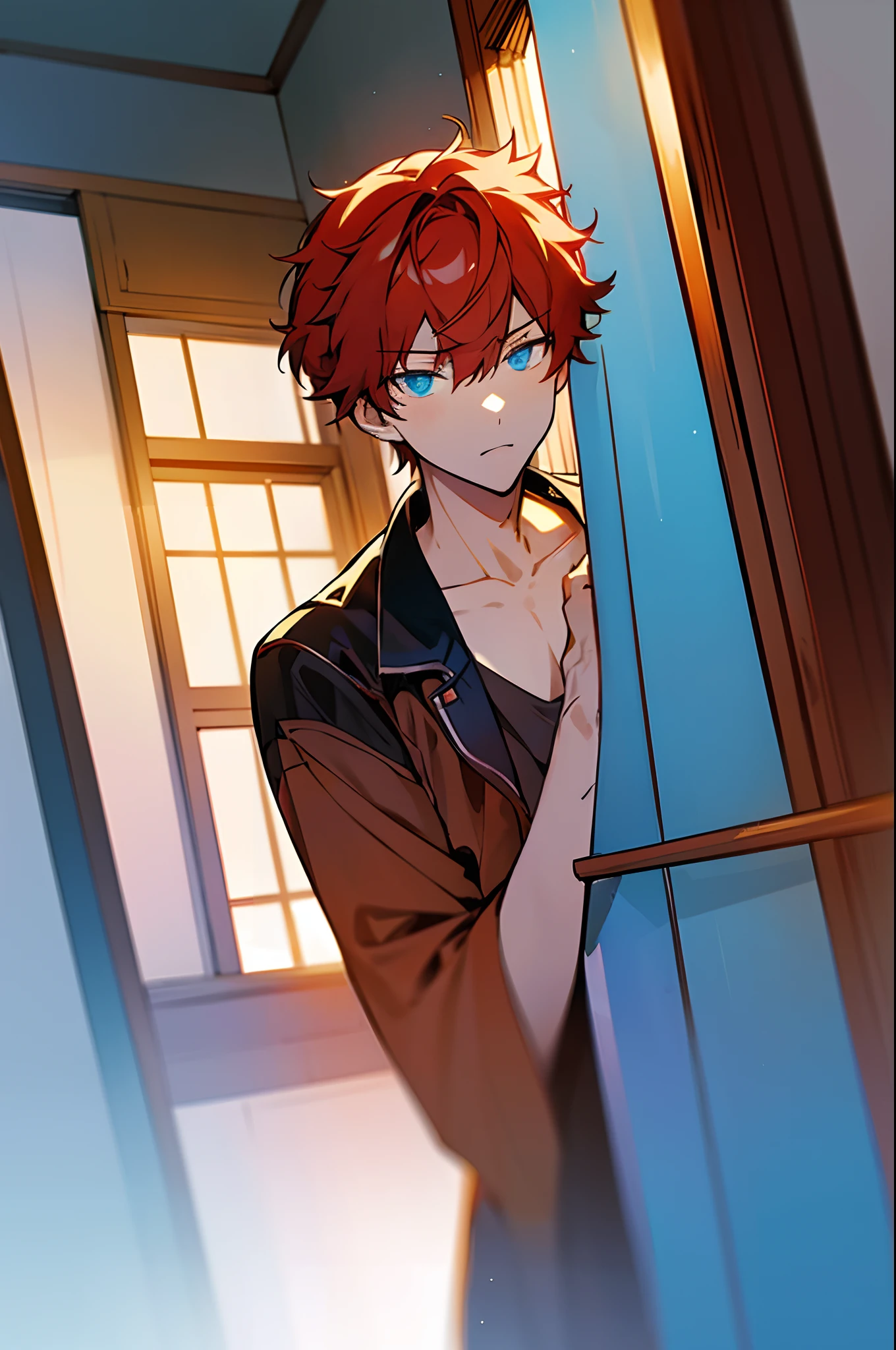 anime character in a room with a window and a light, 8k!, anime handsome boy, red - haired anime boy, official illustration, zerochan art, official anime still, 8k!!, style of red line anime movie, tall anime guy with blue eyes, cute boys, nick silva and ilya kuvshinov, official art, rin