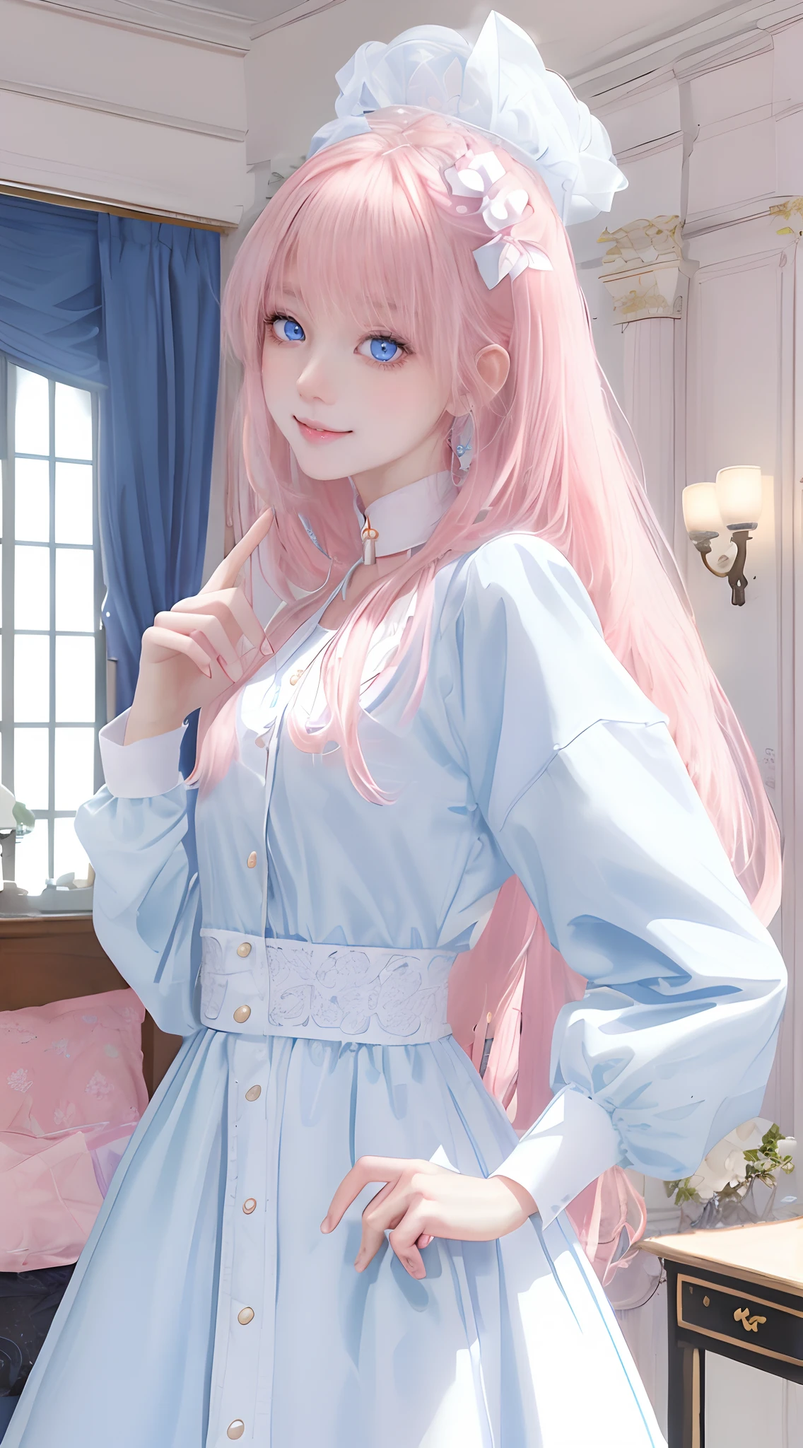 (masterpiece、top-quality)、1 beutiful girl、A smile、Slim body、(Black and white plain clothes:1.1)、(Detailed beautiful eyes)、Bedroom、in a house、((Pink longhair))、a small face、tall、((Light blue eyes))、kawaii pose