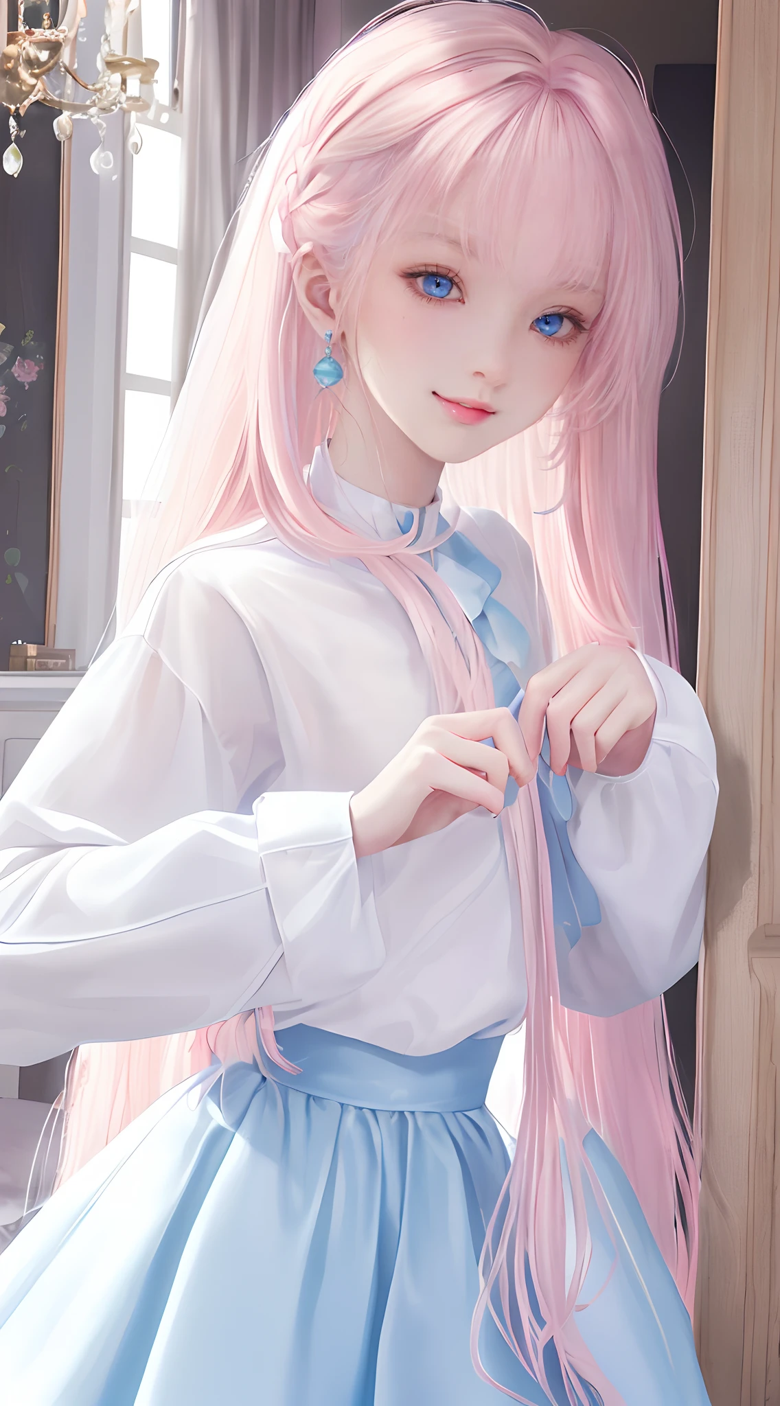 (masterpiece、top-quality)、1 beutiful girl、A smile、Slim body、(Black and white plain clothes:1.1)、(Detailed beautiful eyes)、Bedroom、in a house、((Pink longhair))、a small face、tall、((Light blue eyes))、kawaii pose