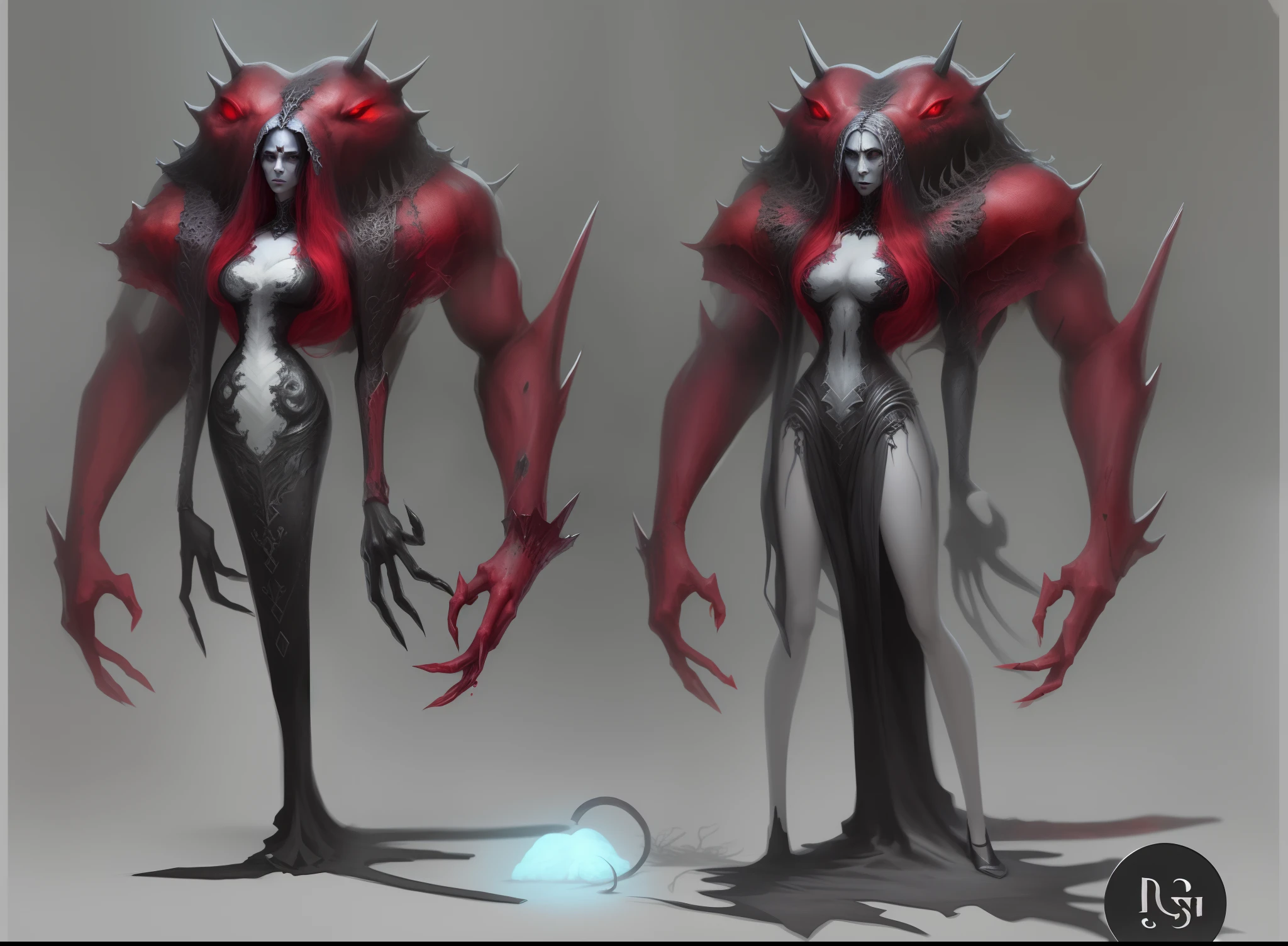 um desenho de uma mulher em um vestido vermelho ao lado de um monstro gigante, arte conceitual demon soul, arte do personagem da criatura conceitual, arte conceitual monstro, personagem posando para arte conceitual, Bloody + arte conceitual, personagem de arte conceitual, concept art design illustration, design de criaturas, conceito artstation, arte conceitual da criatura, demon noble character design, design de personagem monstro, personagem bruxa escura