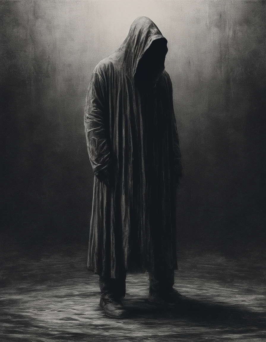 A solitary figure stands with his head bowed, his face hidden from view. The emptiness and loneliness radiating from his posture is palpable, a visual representation of the weight of his thoughts.