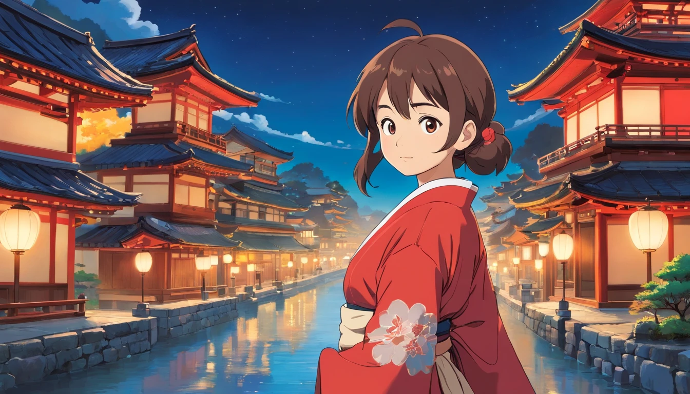 his left eye is glass. Asian girl, cabelos longos, Front view, corpo inteiro, Set against a night time backdrop of a Japanese temple, com arvores, rios, um dia de sol muito bonito. The girl will be wearing a red kimono, ela tem uma cicatriz no olho esquerdo. landscape view