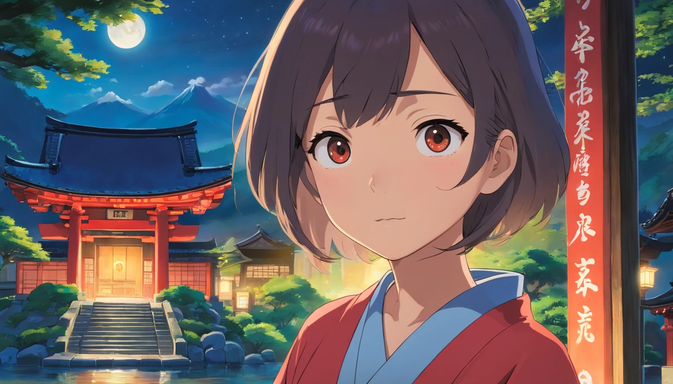 his left eye is glass. Asian girl, cabelos longos, Front view, corpo inteiro, Set against a night time backdrop of a Japanese temple, com arvores, rios, um dia de sol muito bonito. The girl will be wearing a red kimono, ela tem uma cicatriz no olho esquerdo. landscape view