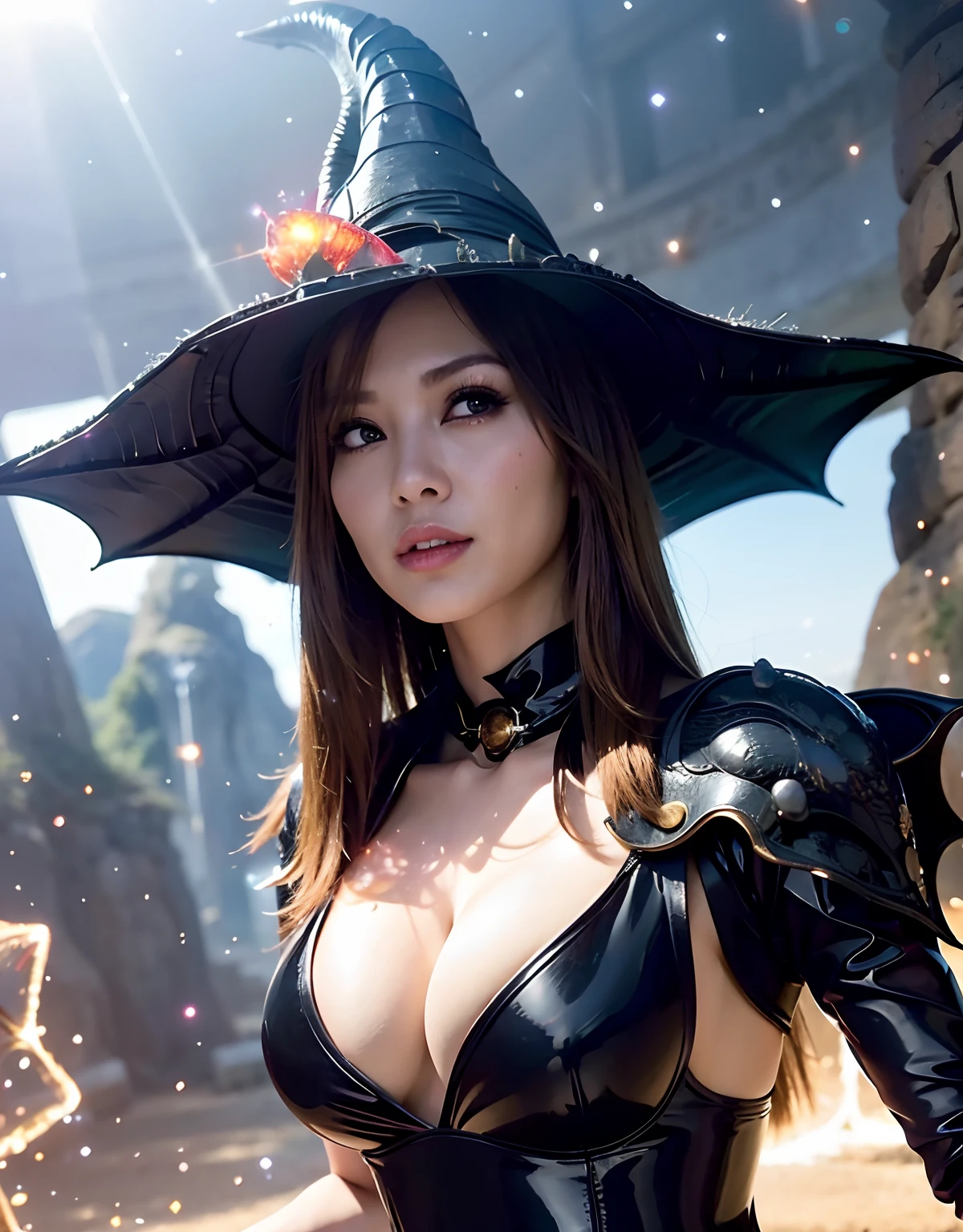 ((World of Darkness)),Professional , masterpiece、top-quality、photos realistic , depth of fields 、(((Fight dragons))),(Dragon Black Metal Body:1.9),(latexwhite、(cleavage of the breast),(Fight dragons)、(((Particles of light))),(Micro Bikini Armor:1.7),Gorgeous gold weapons ,(Fight dragons)、Seductive look、The face of the dragon is out、(blood splattere、Armpit、((((With a magic wand))), ) , (((Wearing a black latex wizard hat))),(demonic wings) ,((a blond))、(Castle background)、((Gangle's forest background))、Beautiful Caucasian beauty、1a person、Armpit、dynamic ungle,(((Detailed Dragon Wizard Hat)))、Smaller head、A smile、Castle background、Thin and beautiful female hands、cleavage of the breast、Soldier in iron armor on background、Mystical expression、Light Effects、intense fighting、Wind-effect、magic circles、With the legendary magic wand、Dragon's tail、explosions、Toostock、Toostock、(Beautuful Women),