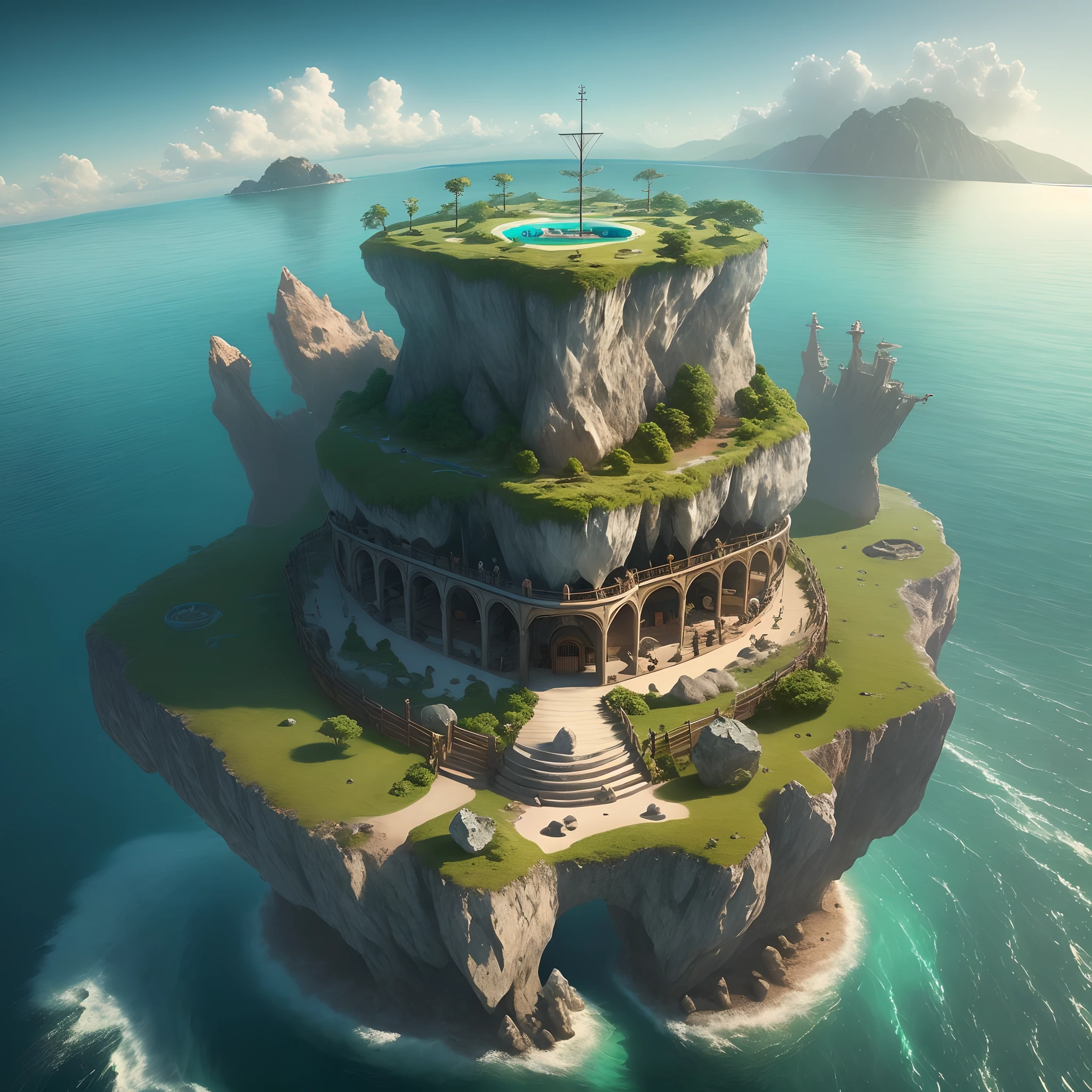 Isla flotante con rocas gigantes debajo