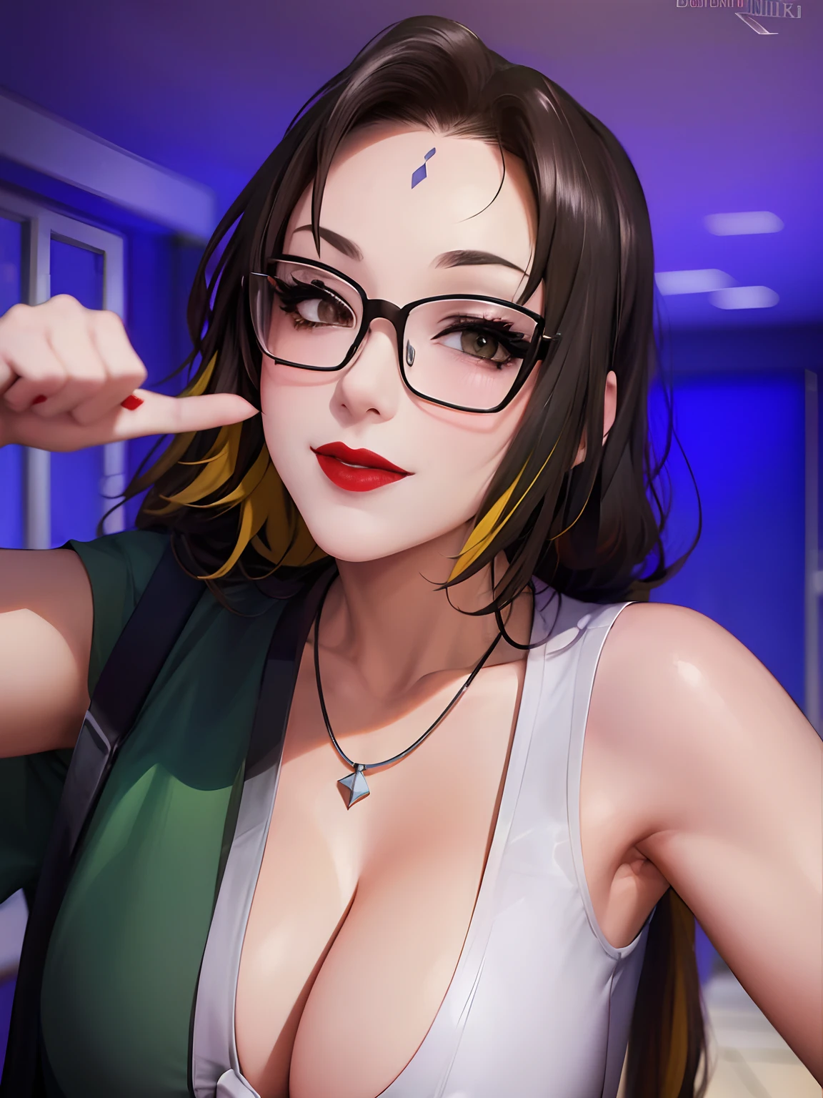 Girl, smile, red lips, glasses, big nose, big tits, long hair, yellow hair colors, wearing a necklace, white clothes colors, sexy body, selfie pose beautiful girl, in room, realistic