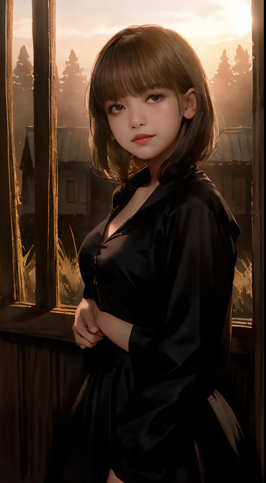 ((14 year old pre-teen girl)), dress, breast to face shot, very light skin, short hair, forest, wooden houses, sunset, photorealistic, indirect lighting, volumetric light, ray tracing, hyperdetailed