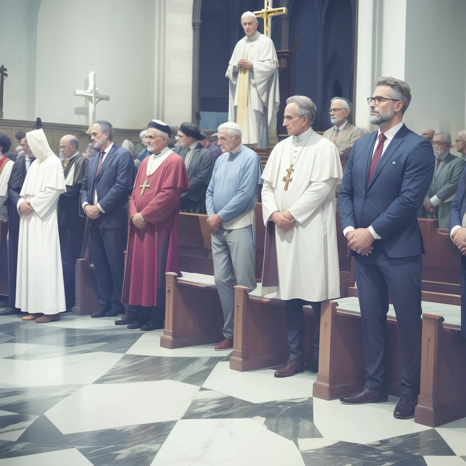 Group of people standing in a church with a statue in the background, em uma igreja. arstation, cena da igreja, em frente ao altar, Ajoelhado diante do Papa, na igreja, mistura de estilo do Vaticano, cena de supplizia, colorido, colorido, standing in a church, no altar, foto colorida