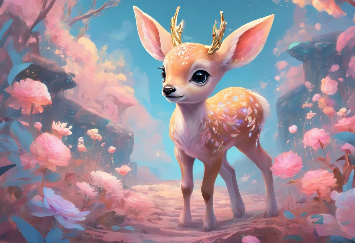 Masterpiece, best quality, 8k, high detail, hyper-detail, a cute fawn, light blue with holographic ornate designs, light pink and gold tetradic colors, approaching perfection