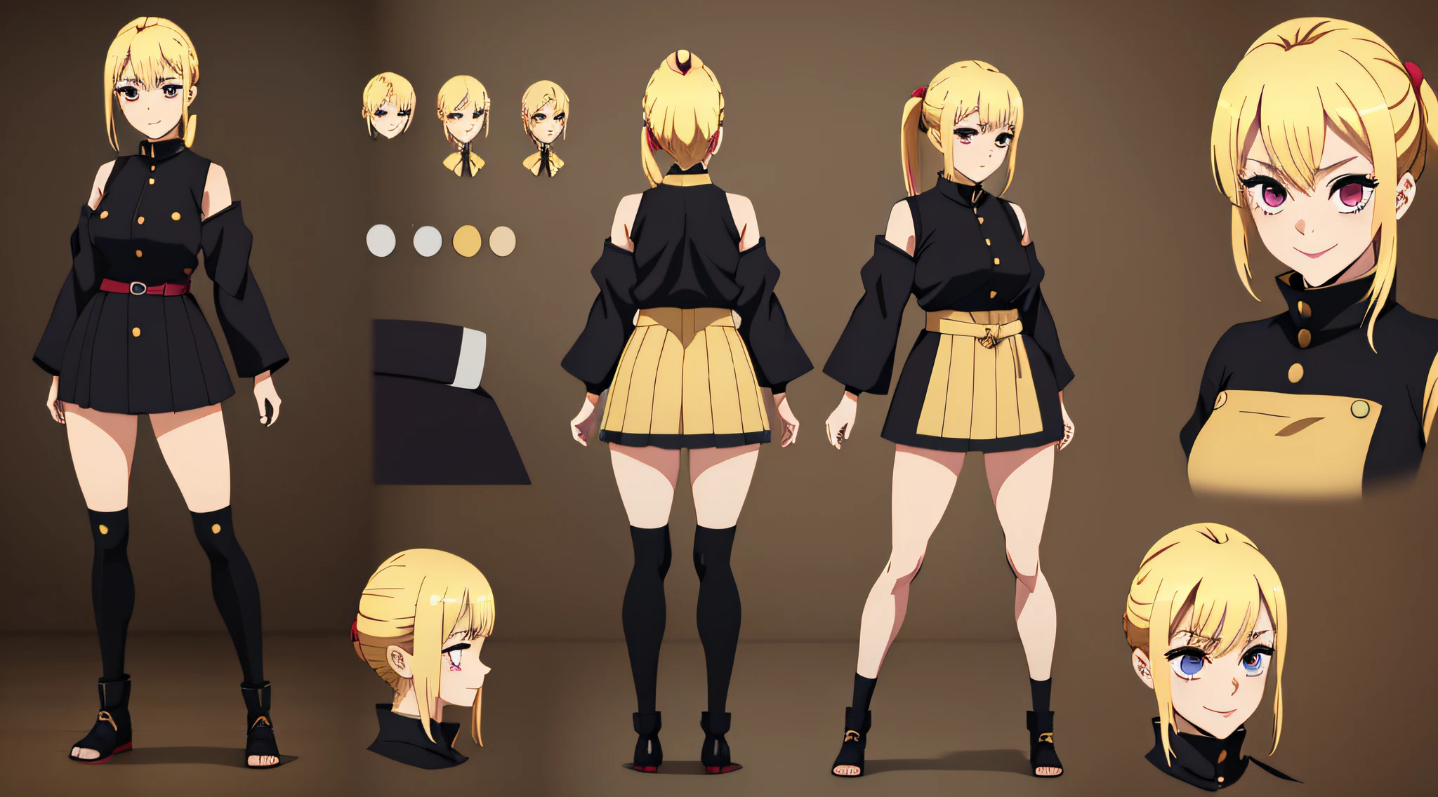 anime blonde gird with a ponytail, with eyes that despise you, with smile, character sheet, different poses, game props, full body picture