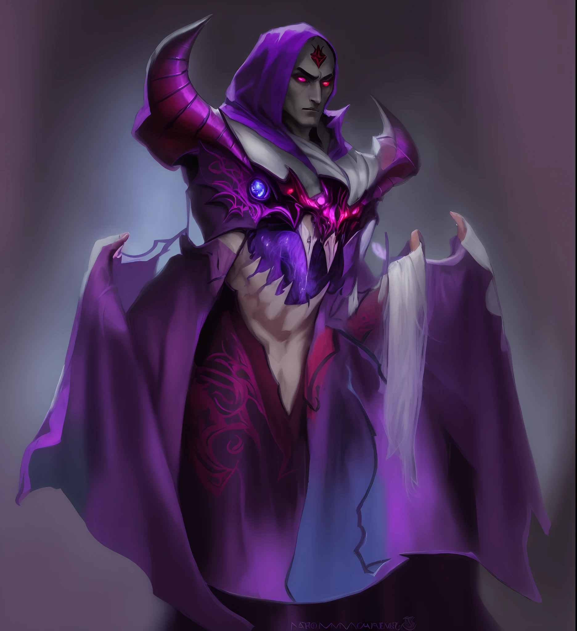 a drawing of a demonic creature with a purple cape and purple eyes, arte conceitual dota 2, Personagem Dota, arte conceitual demon soul, illithid, artefato dota2, hero from dota 2, arte conceitual arcana, pintado no estilo arcano, feiticeira malvada, Devorador de Mundos, demonic robes, dark flower shaman, mindflayer