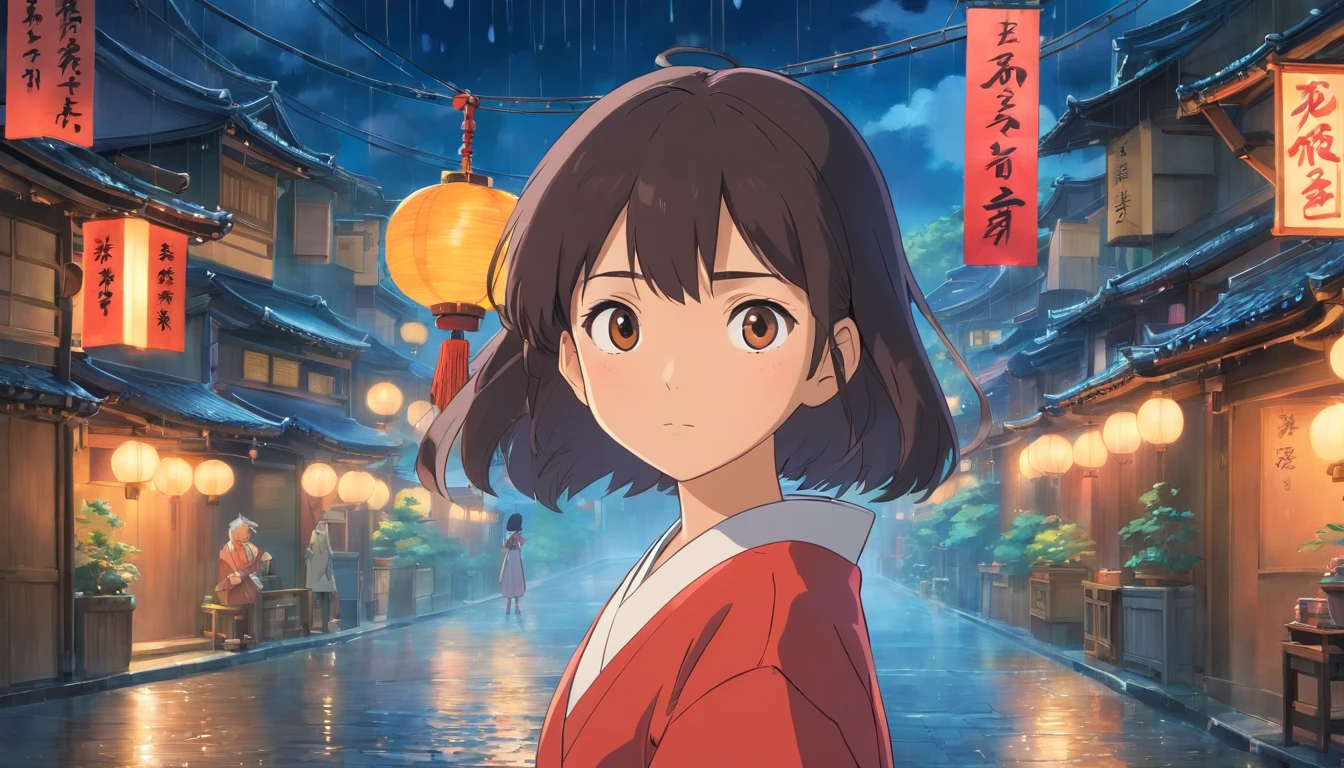 his left eye is glass. Asian girl, cabelos longos, Front view, corpo inteiro, Set against a night time backdrop of raining street, com arvores, rios, um dia de sol muito bonito. The girl will be wearing a red kimono, ela tem uma cicatriz no olho esquerdo. landscape view, photo taken from distance