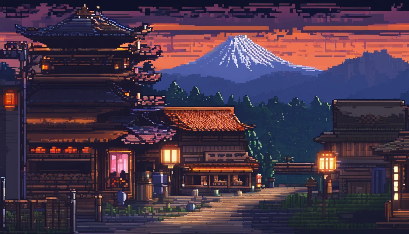 pixel art. It depicts a Japanese asphalt mountain road surrounded by bumpers on a dark night with many sharp turns, illuminated by faded old lanterns, In the background is a high mountain surrounded by dense forest and nothing else